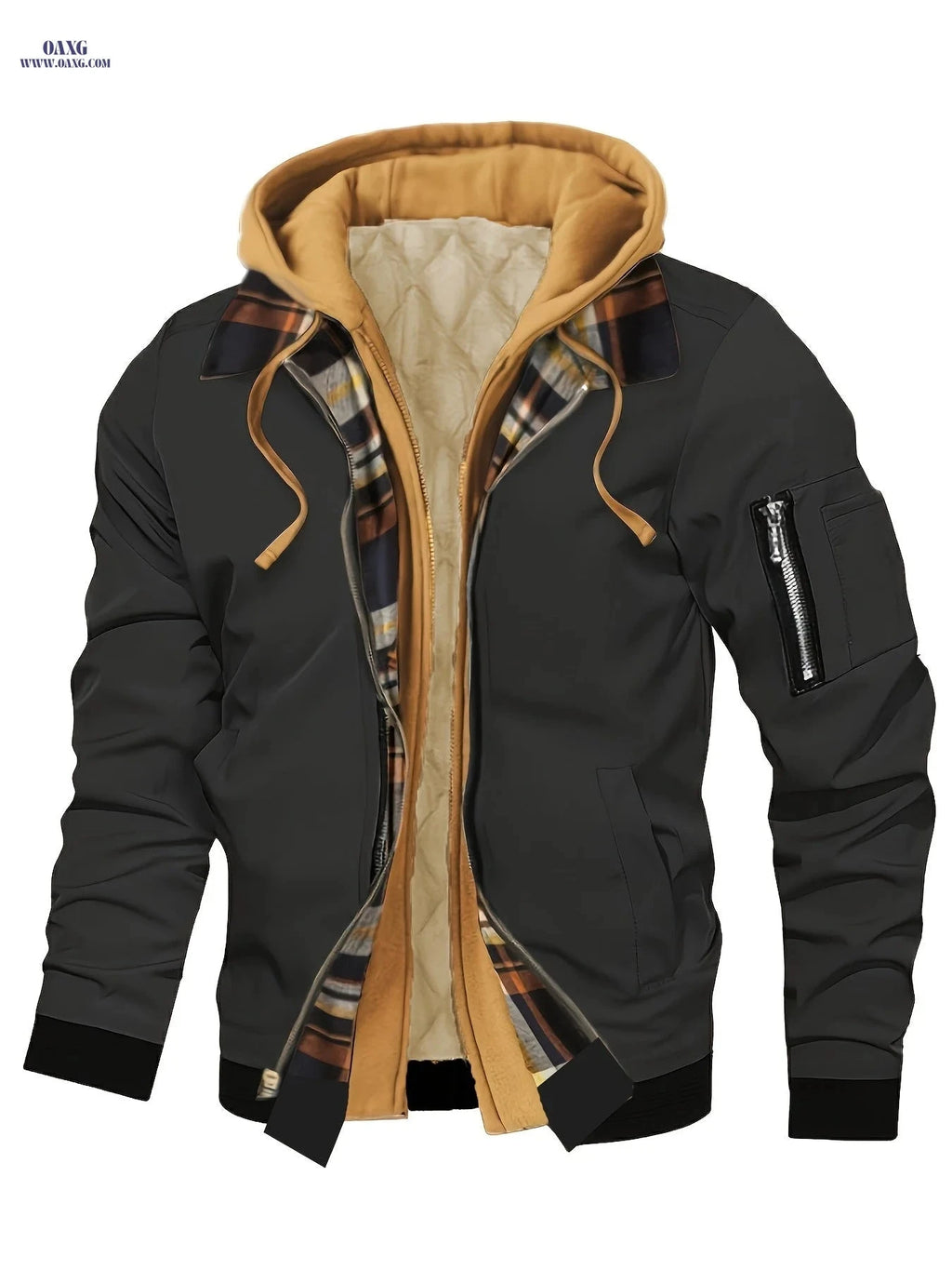 Men's Hooded Winter Jacket - Lined, Zipper Closure, Regular Fit   OAXG 
