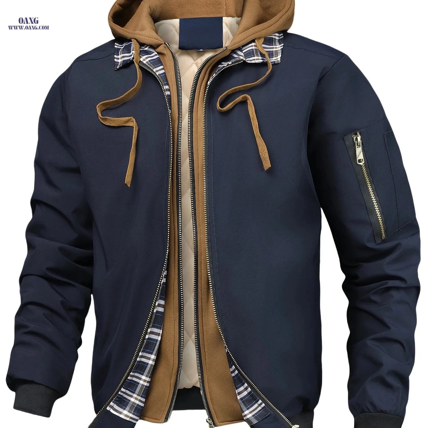 Men's Hooded Zip-Up Jacket - Casual Plaid, Loose Fit for All Seasons   OAXG Black / FR S