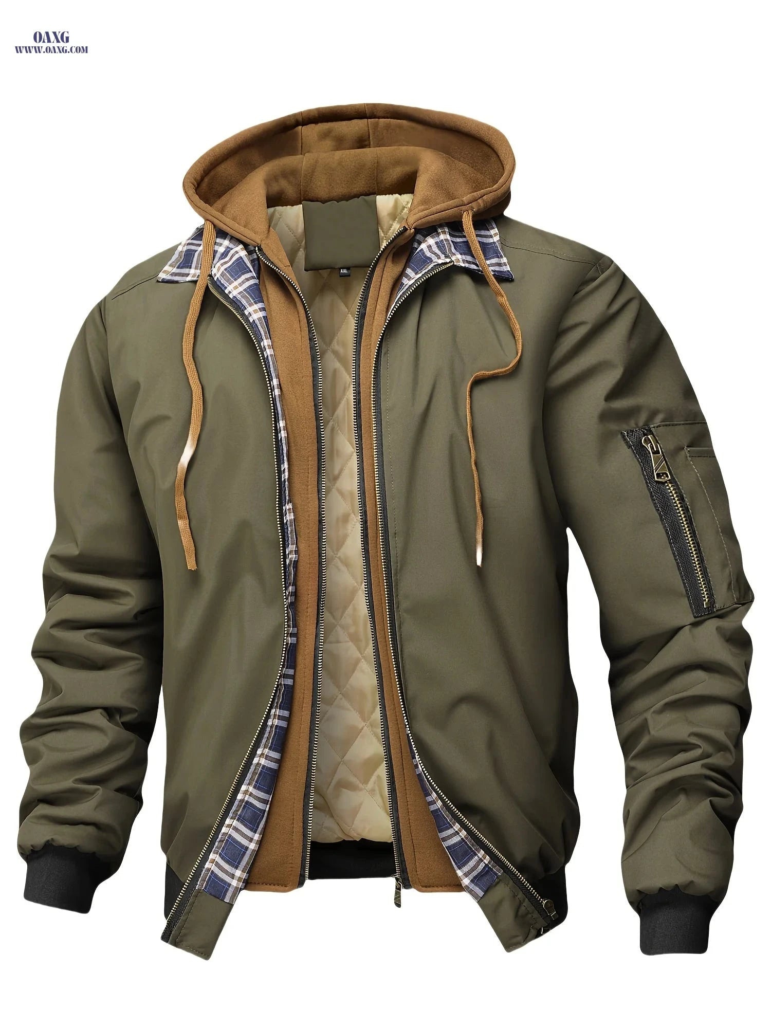 Men's Hooded Zip-Up Jacket - Casual Plaid, Loose Fit for All Seasons   OAXG Black / FR S