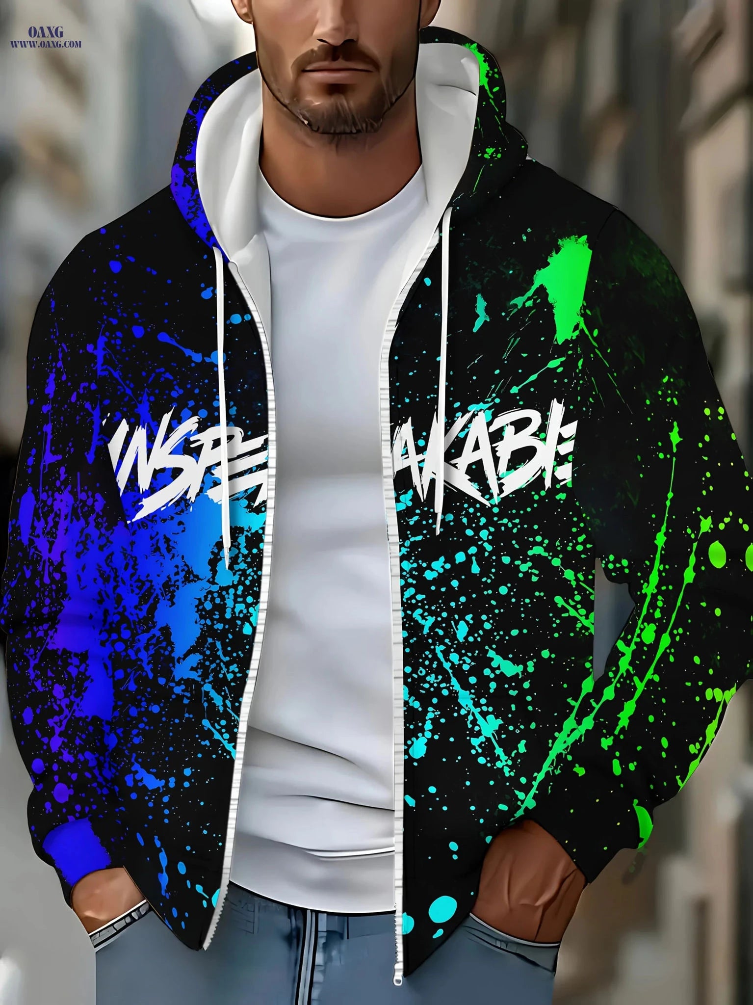 Men's Hooded Zip-Up Sweatshirt - Casual Autumn Jacket with Pockets   OAXG Blue / FR M