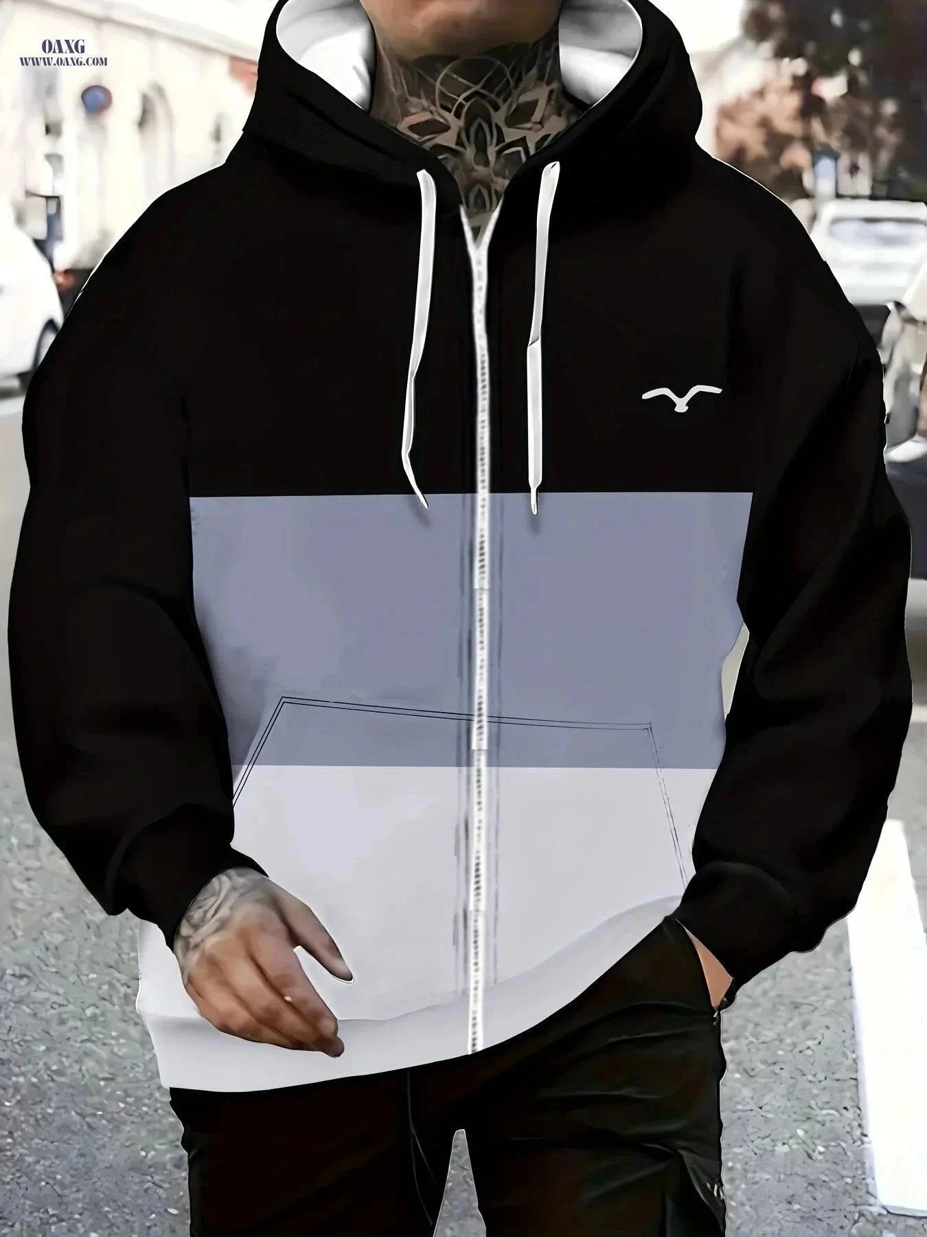 Men's Hooded Zip-Up Sweatshirt - Casual Striped Jacket for Fall   OAXG Black / FR M