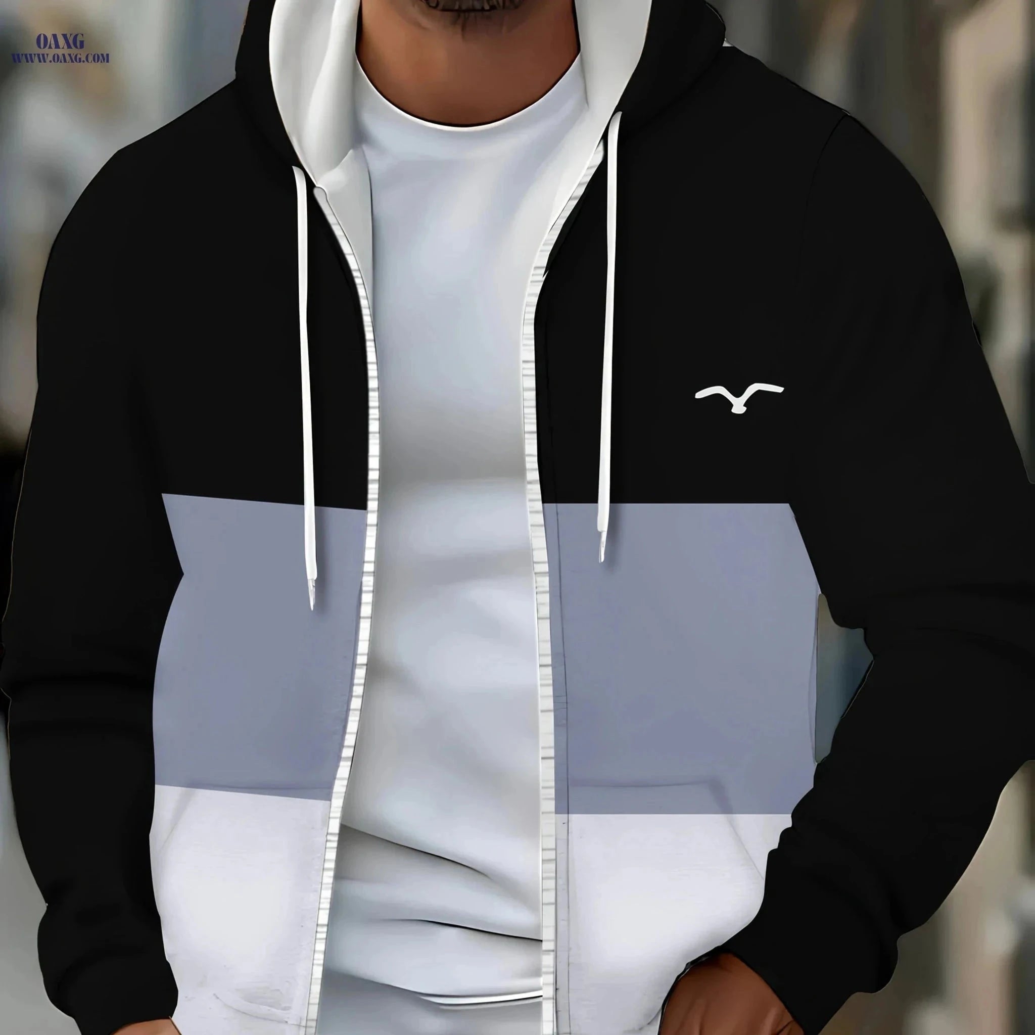 Men's Hooded Zip-Up Sweatshirt - Casual Striped Jacket for Fall   OAXG Black / FR M