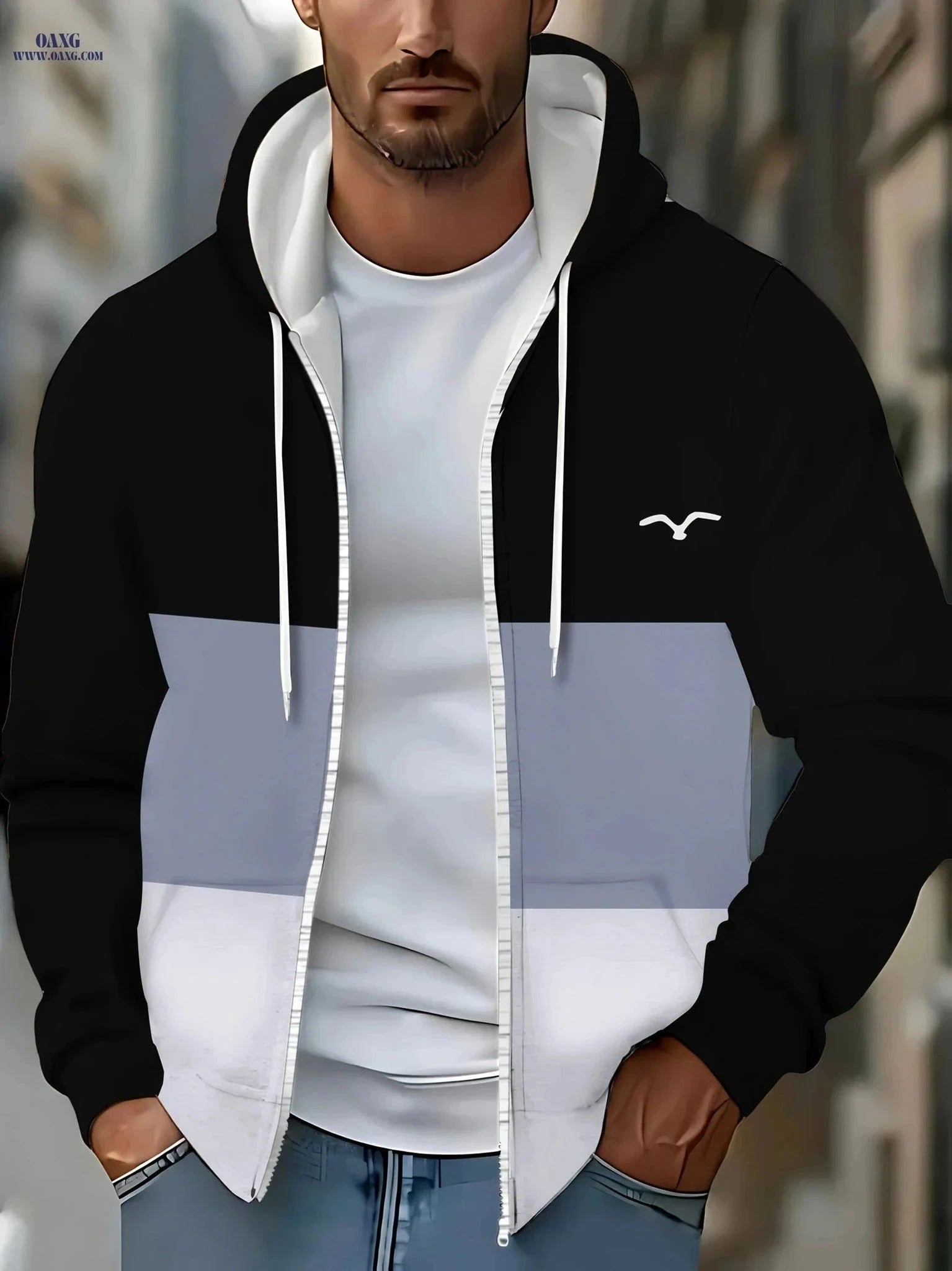 Men's Hooded Zip-Up Sweatshirt - Casual Striped Jacket for Fall   OAXG Black / FR M