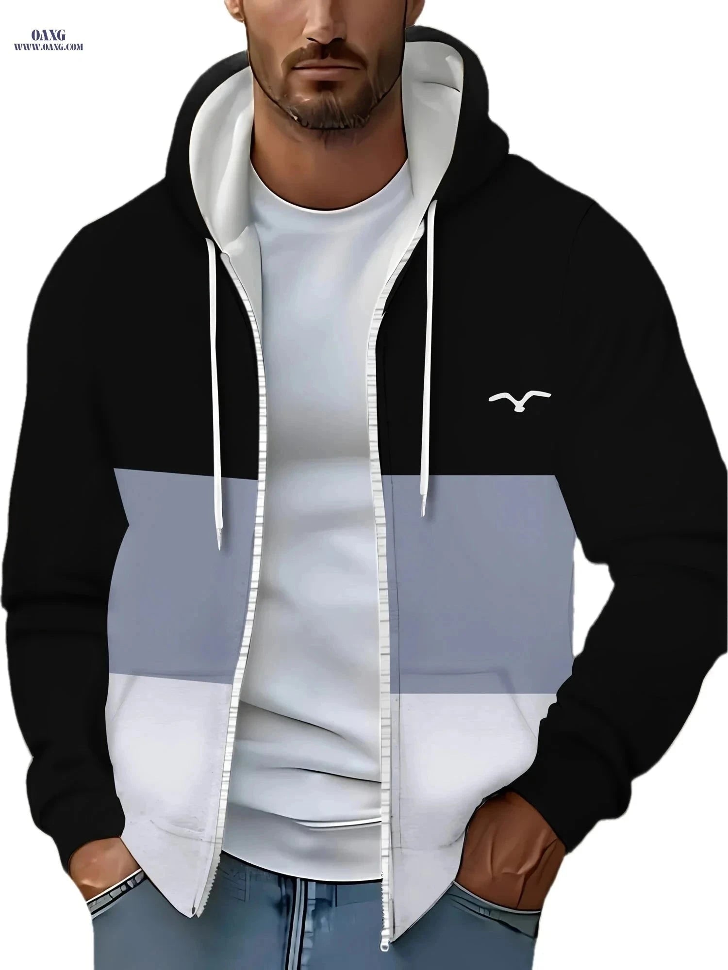 Men's Hooded Zip-Up Sweatshirt - Casual Striped Jacket for Fall   OAXG Black / FR M