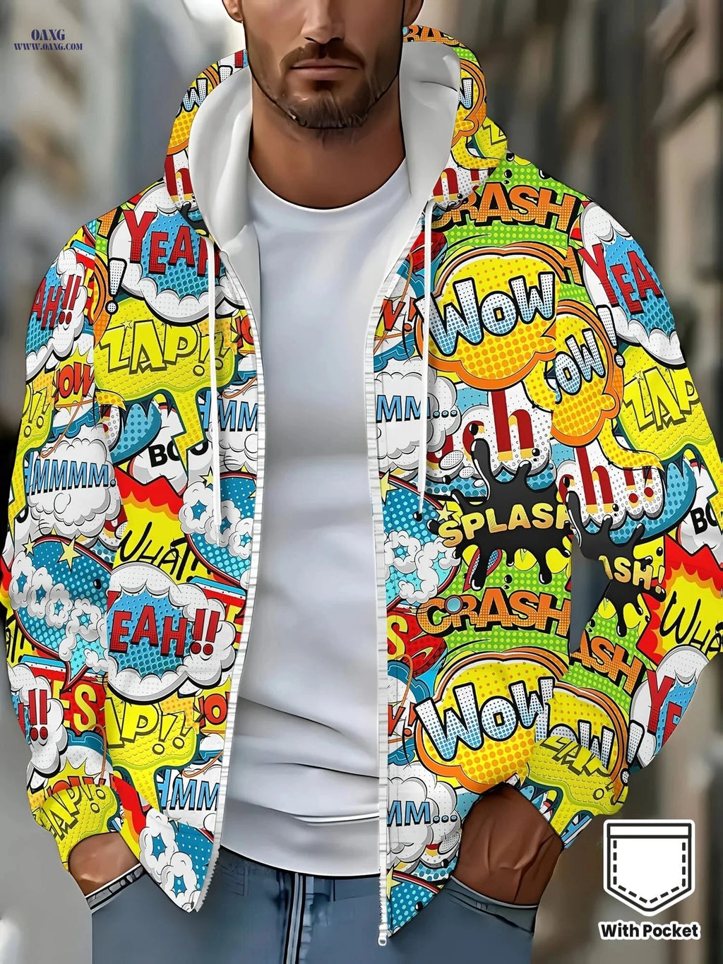 Men's Hooded Zip-up Sweatshirt - Cute Print, Casual Fall Jacket   OAXG 