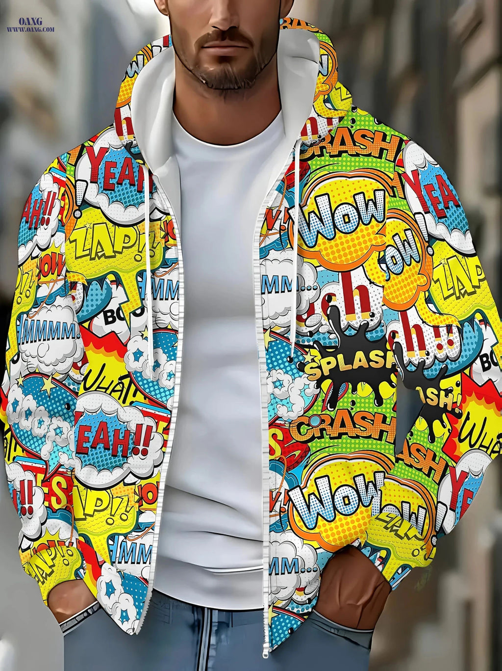 Men's Hooded Zip-up Sweatshirt - Cute Print, Casual Fall Jacket   OAXG Yellow / FR M