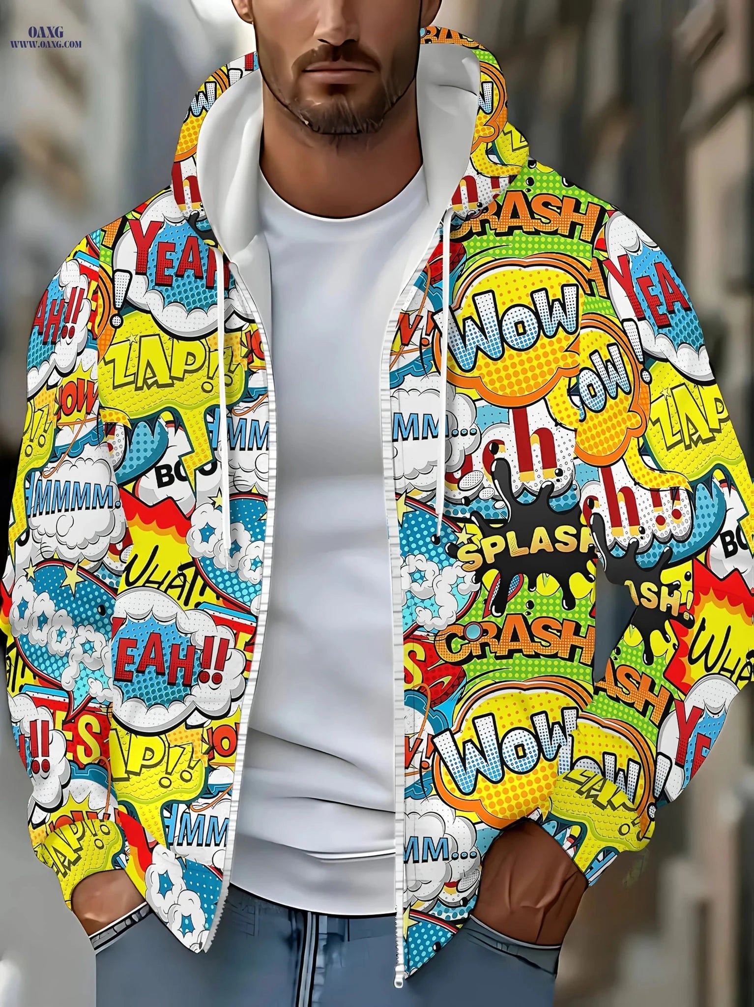 Men's Hooded Zip-up Sweatshirt - Cute Print, Casual Fall Jacket   OAXG Yellow / FR M