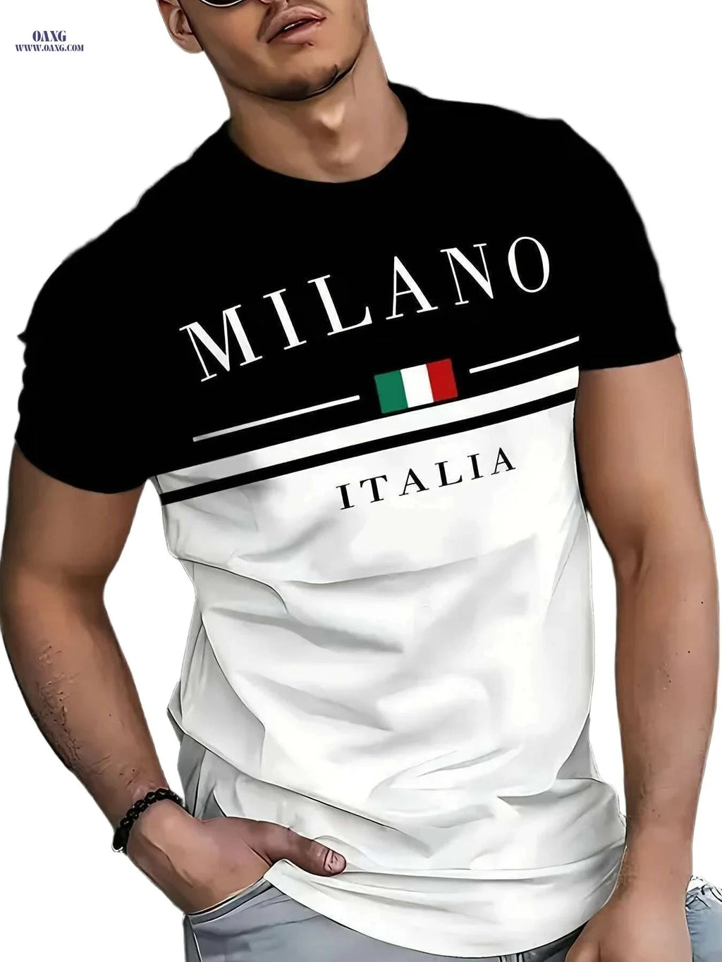 Men's Italian Flag Design T-Shirt - Casual Black & White Summer Wear   OAXG 