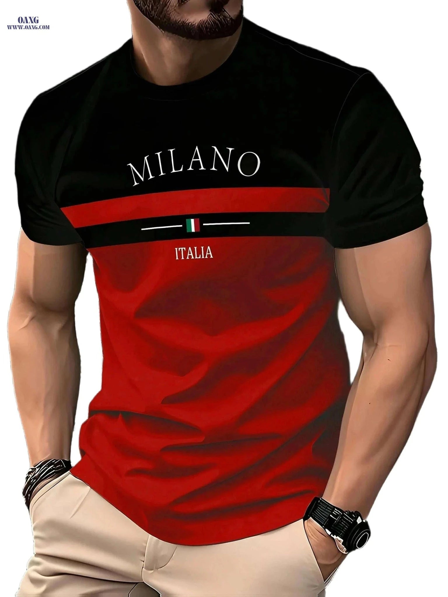 Men's Italian Flag Design T-Shirt - Casual Black & White Summer Wear   OAXG 