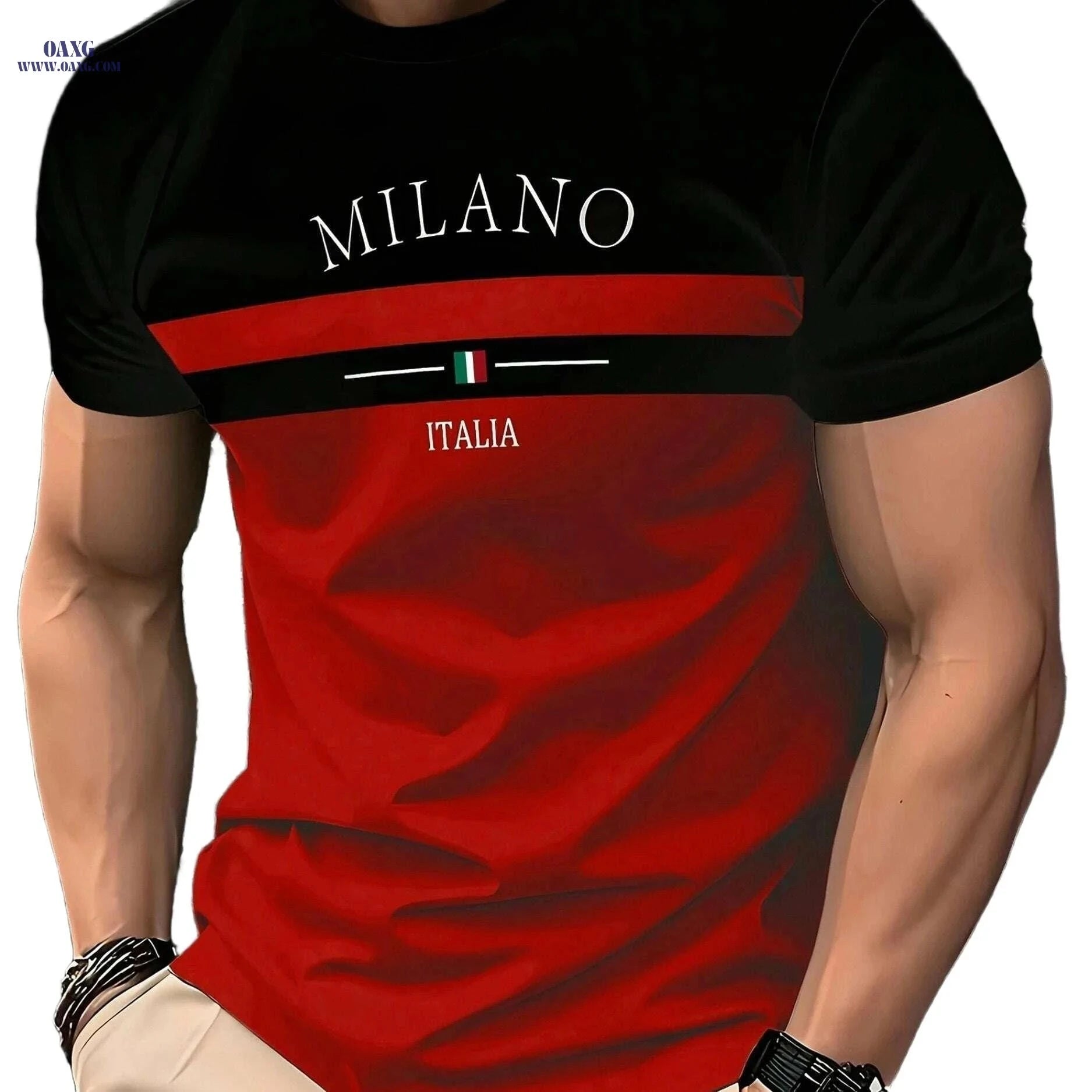 Men's Italian Flag Design T-Shirt - Casual Black & White Summer Wear   OAXG Khaki / S