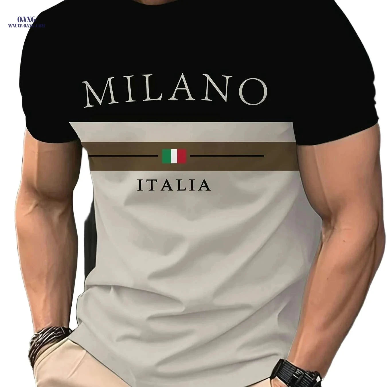 Men's Italian Flag Design T-Shirt - Casual Black & White Summer Wear   OAXG Khaki / S