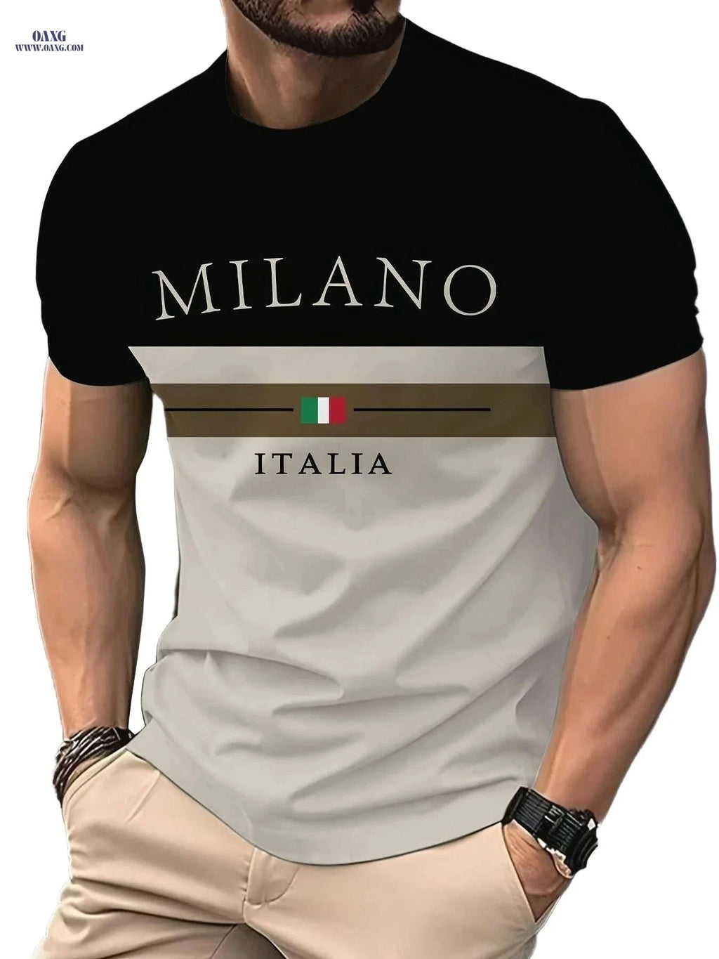Men's Italian Flag Design T-Shirt - Casual Black & White Summer Wear   OAXG Khaki / S