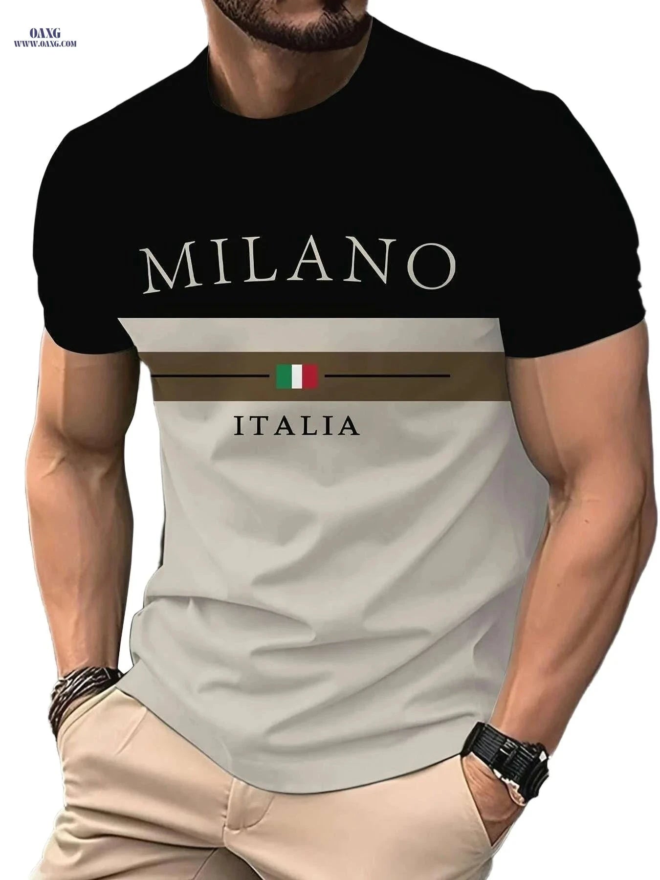 Men's Italian Flag Design T-Shirt - Casual Black & White Summer Wear   OAXG Khaki / S