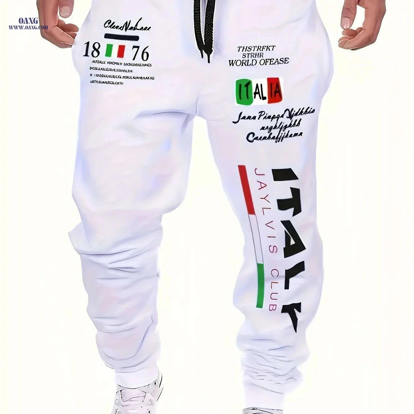 Men's Italian Print Joggers - Casual Comfort Fit, All-Season Style   OAXG White / XS