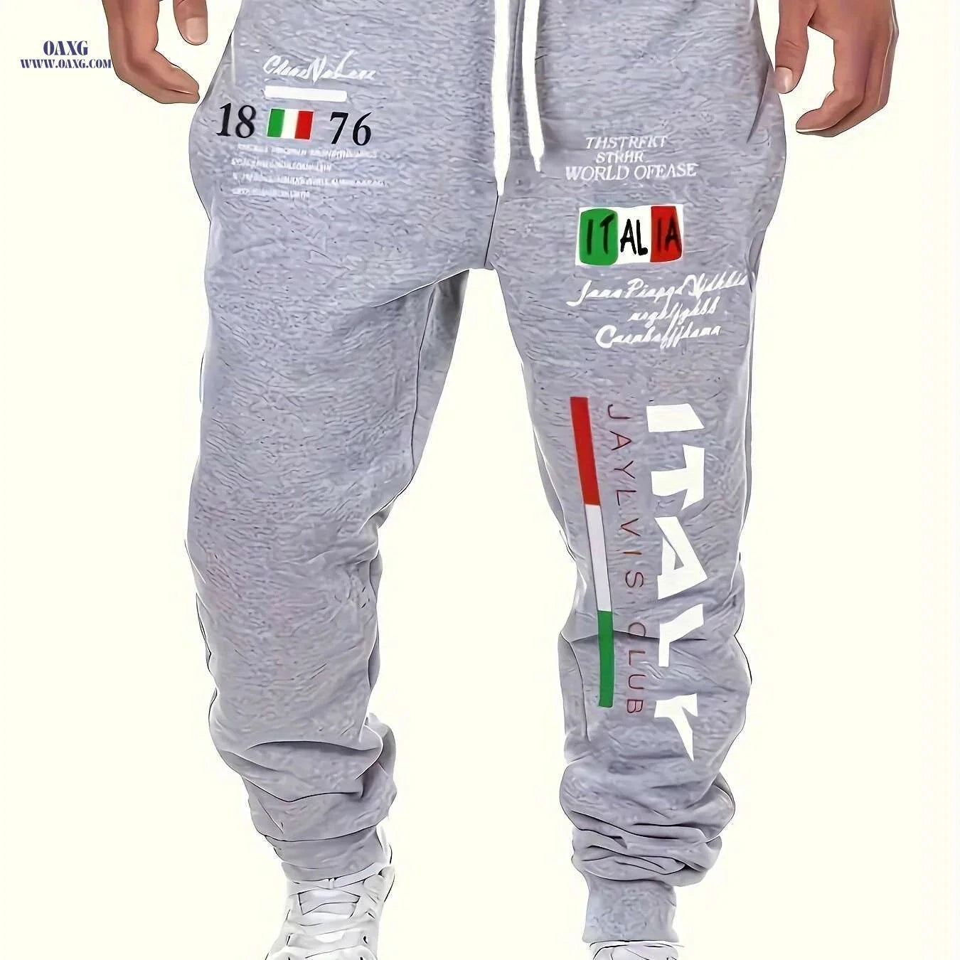 Men's Italian Print Joggers - Casual Comfort Fit, All-Season Style   OAXG White / XS