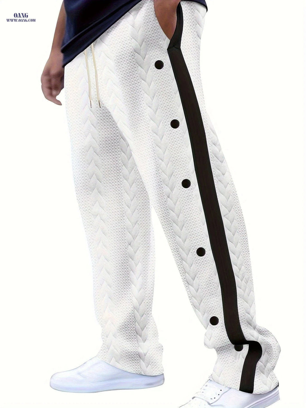 Men's Jacquard Casual Sports Pants - Color Block, Regular Fit Style   OAXG White / FR S
