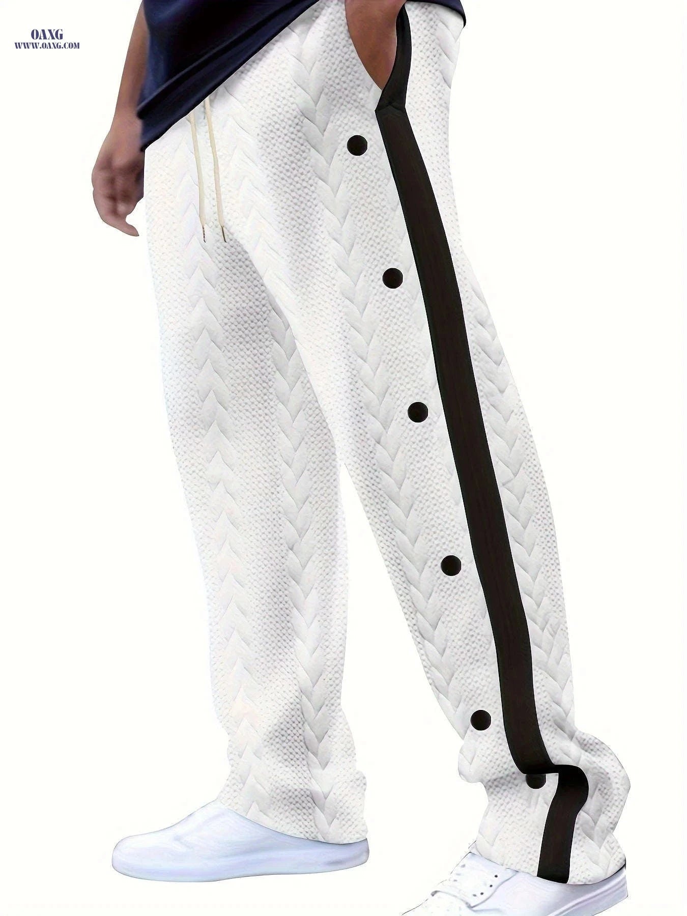 Men's Jacquard Casual Sports Pants - Color Block, Regular Fit Style   OAXG White / FR S