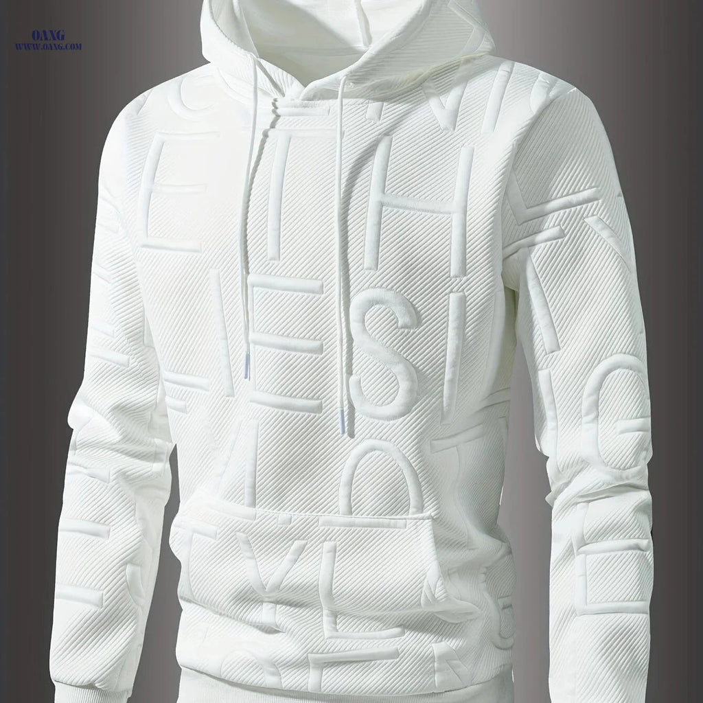 Men's Jacquard Letter Hooded Sweatshirt - Casual Spring/Fall Style   OAXG White / FR XS