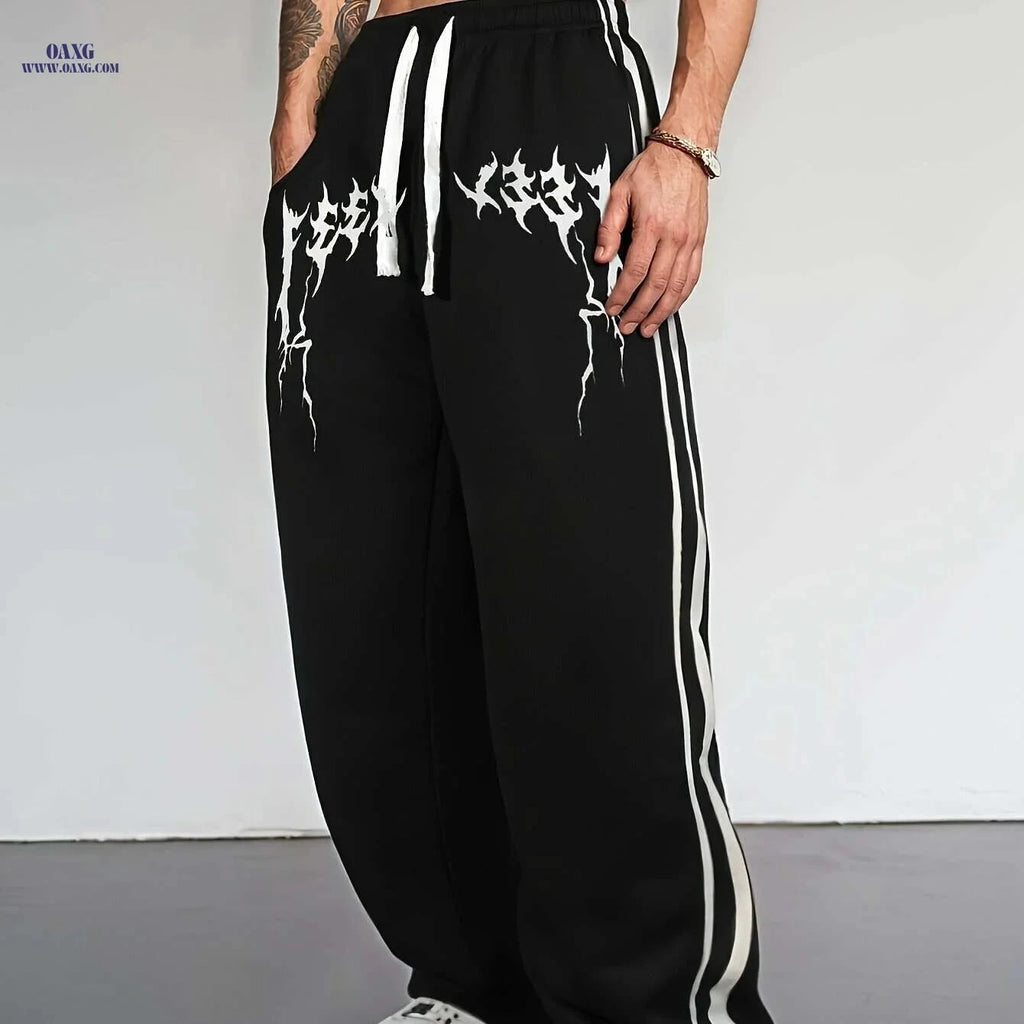 Men's Jogger Pants - Casual Fit with White Line Art Print, Pockets   OAXG Black / S