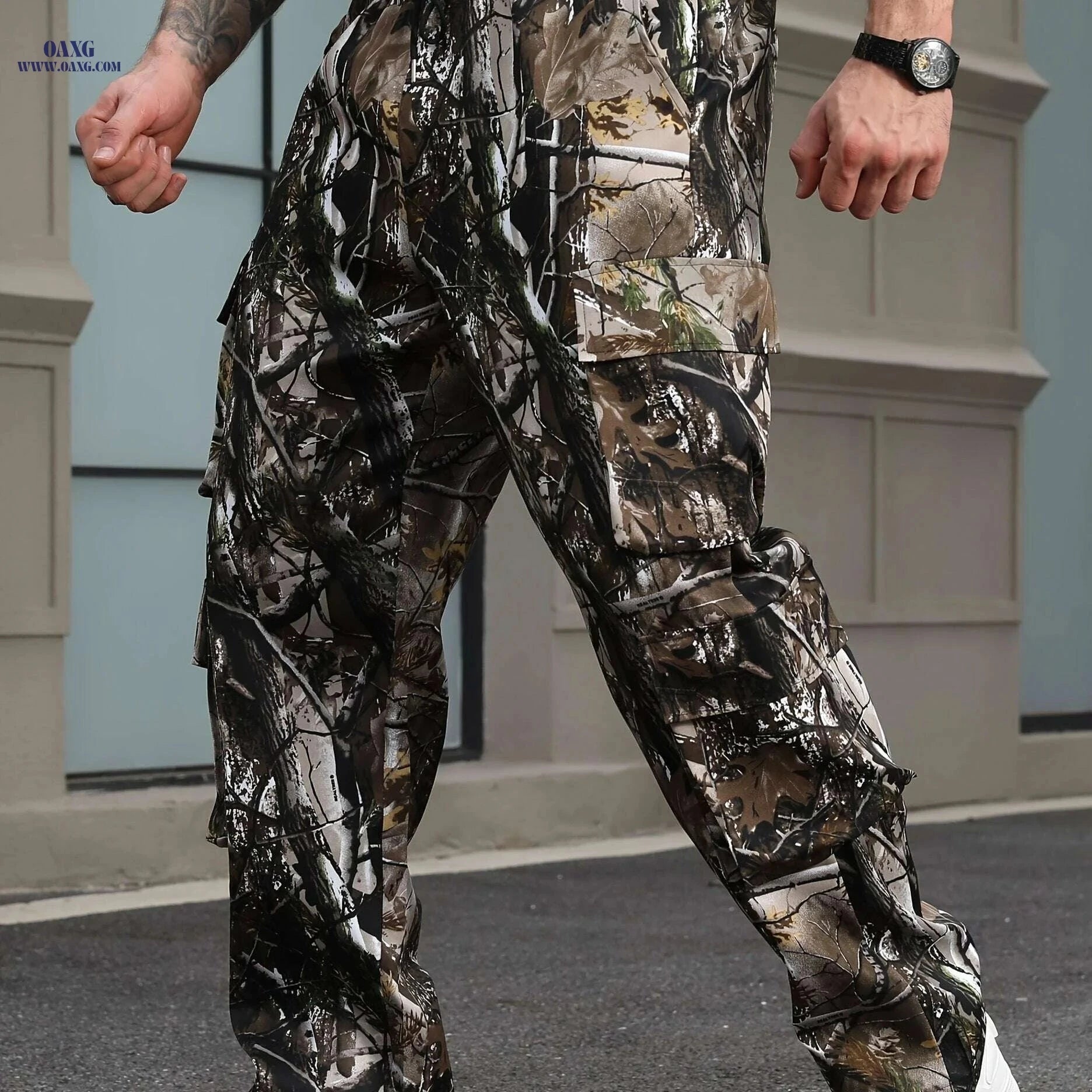 Men's Leaf Camo Cargo Pants - Loose Fit for Work and Hiking   OAXG 