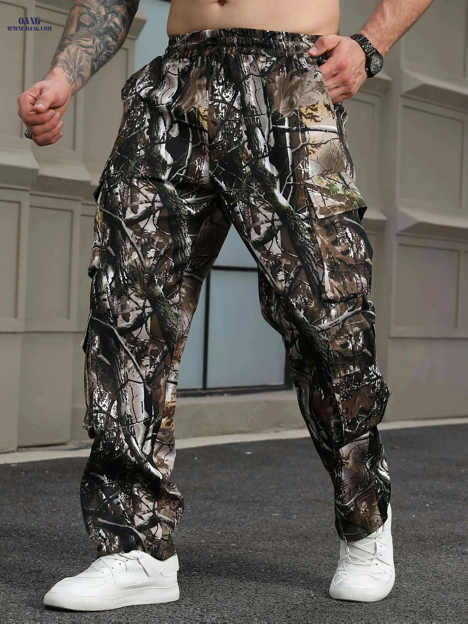 Men's Leaf Camo Cargo Pants - Loose Fit for Work and Hiking   OAXG Brown Camouflage / S