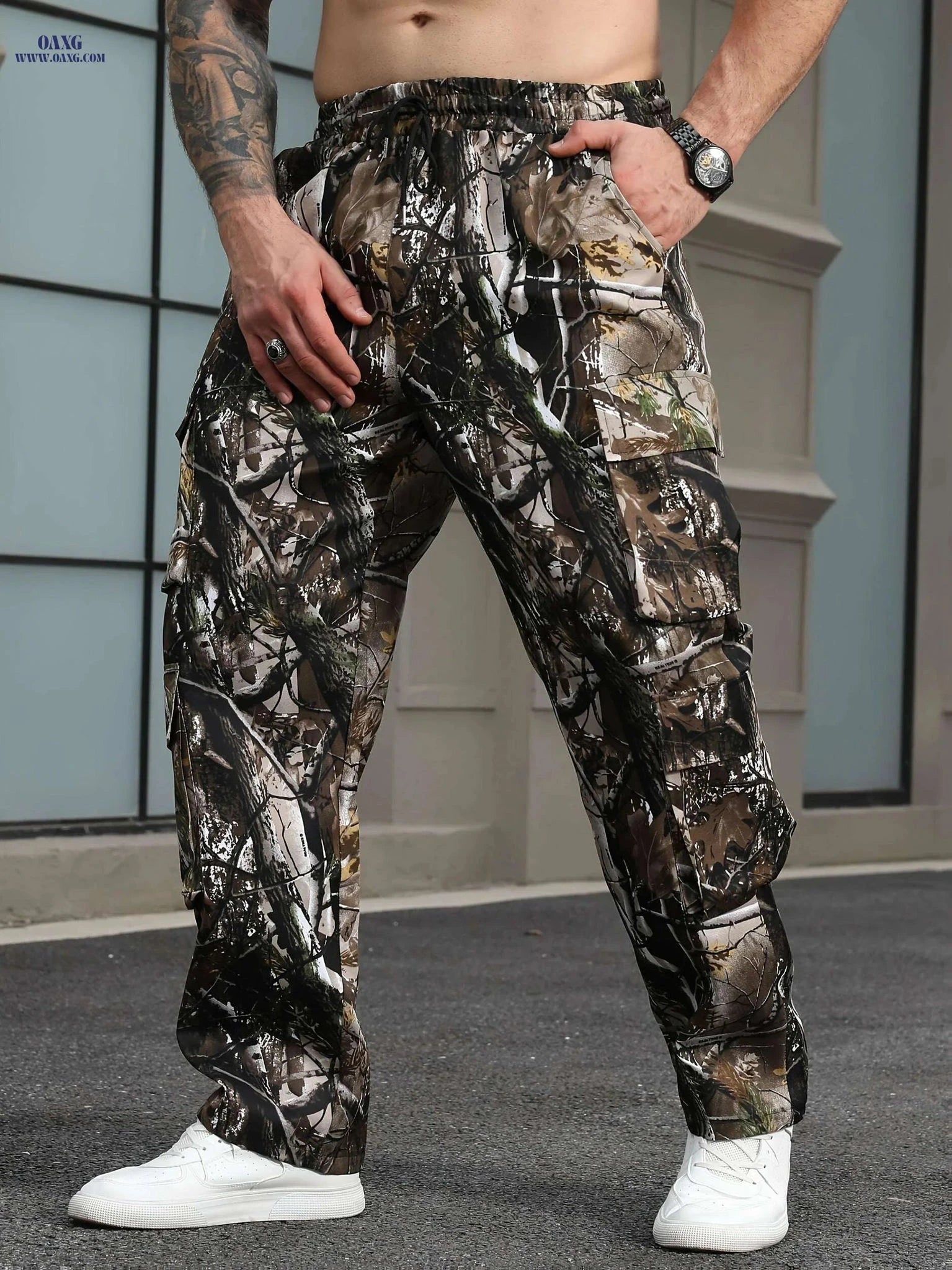 Men's Leaf Camo Cargo Pants - Loose Fit for Work and Hiking   OAXG Brown Camouflage / S