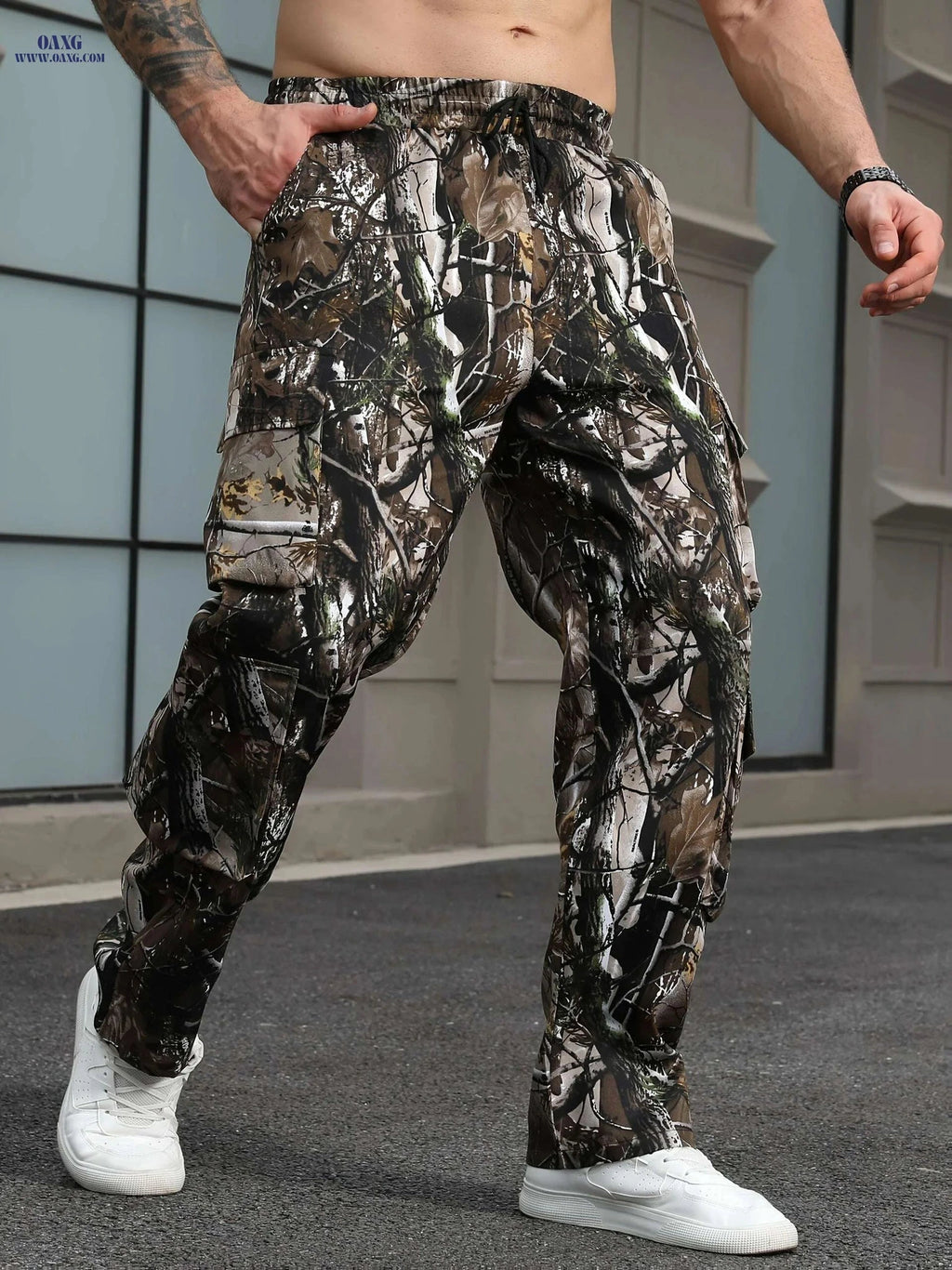 Men's Leaf Camo Cargo Pants - Loose Fit for Work and Hiking   OAXG Brown Camouflage / S
