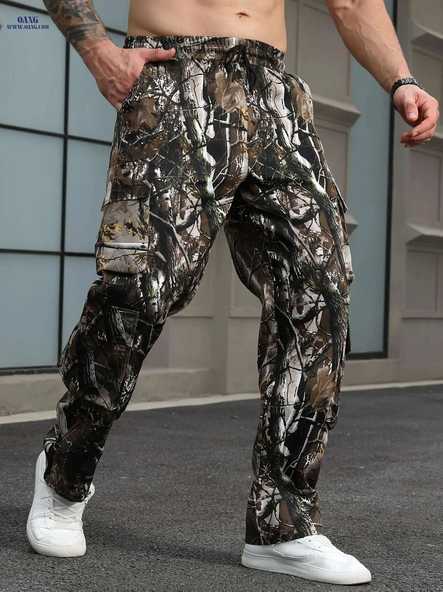 Men's Leaf Camo Cargo Pants - Loose Fit for Work and Hiking   OAXG Brown Camouflage / S