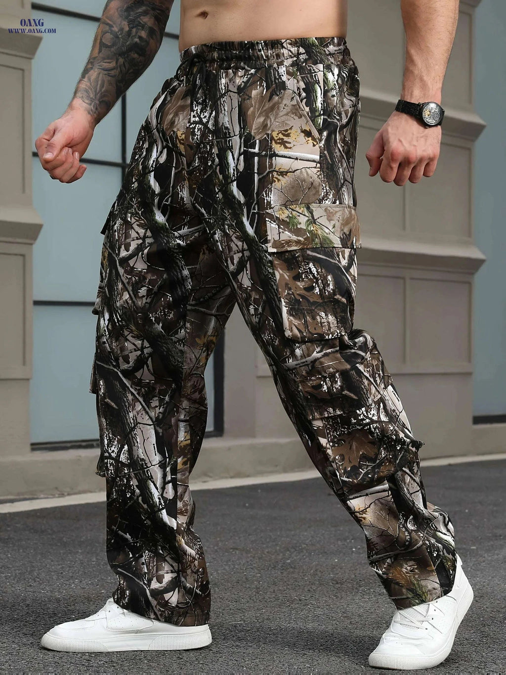 Men's Leaf Camo Cargo Pants - Loose Fit for Work and Hiking   OAXG Brown Camouflage / S