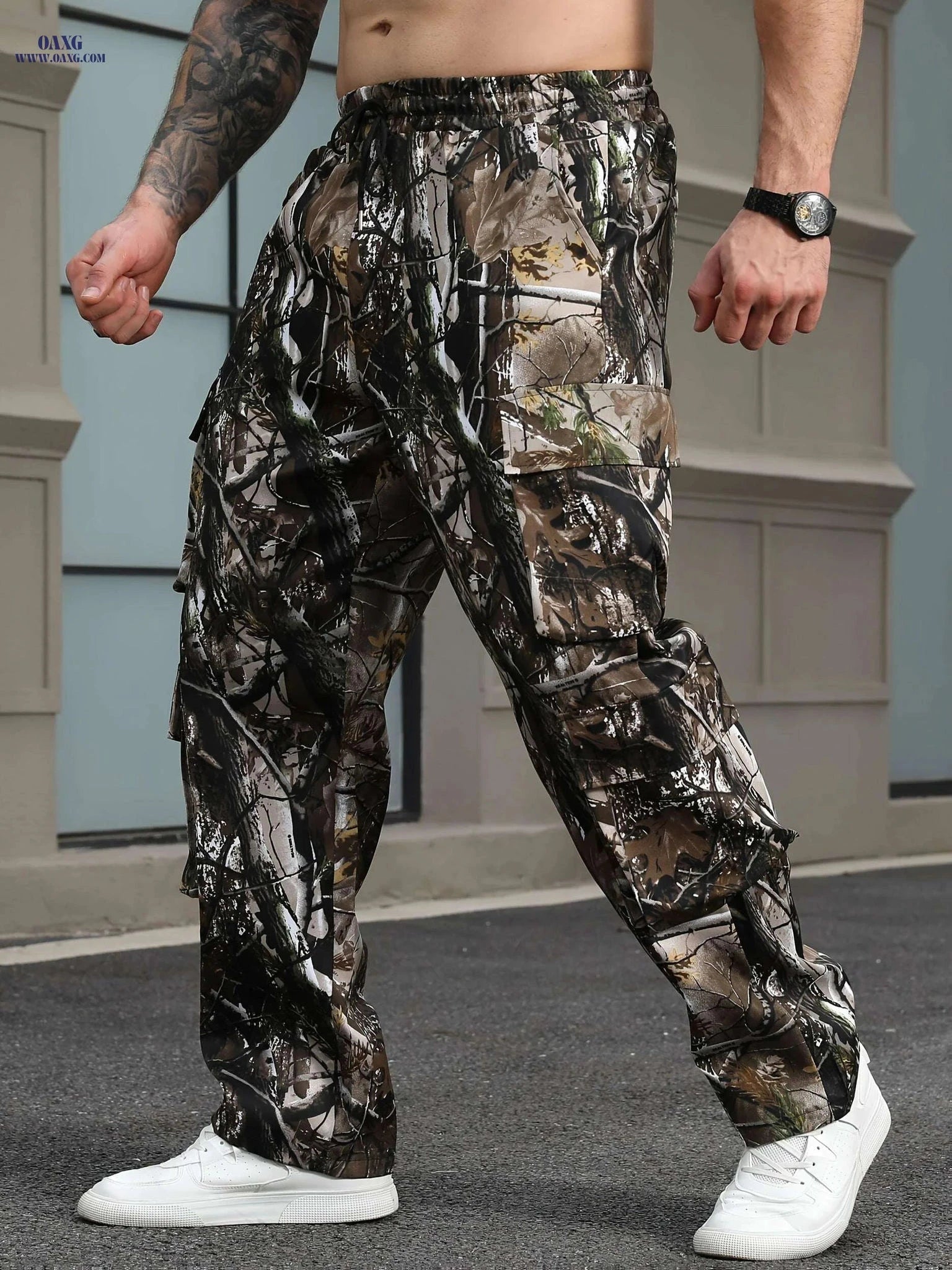 Men's Leaf Camo Cargo Pants - Loose Fit for Work and Hiking   OAXG Brown Camouflage / S