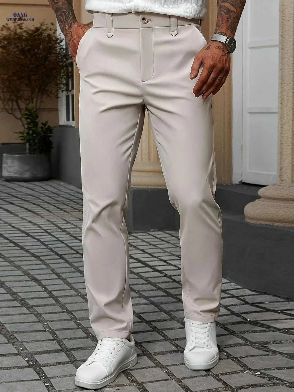Men's Light Beige Dress Pants - Regular Fit, Non-Stretch Casual Style   OAXG Apricot / S