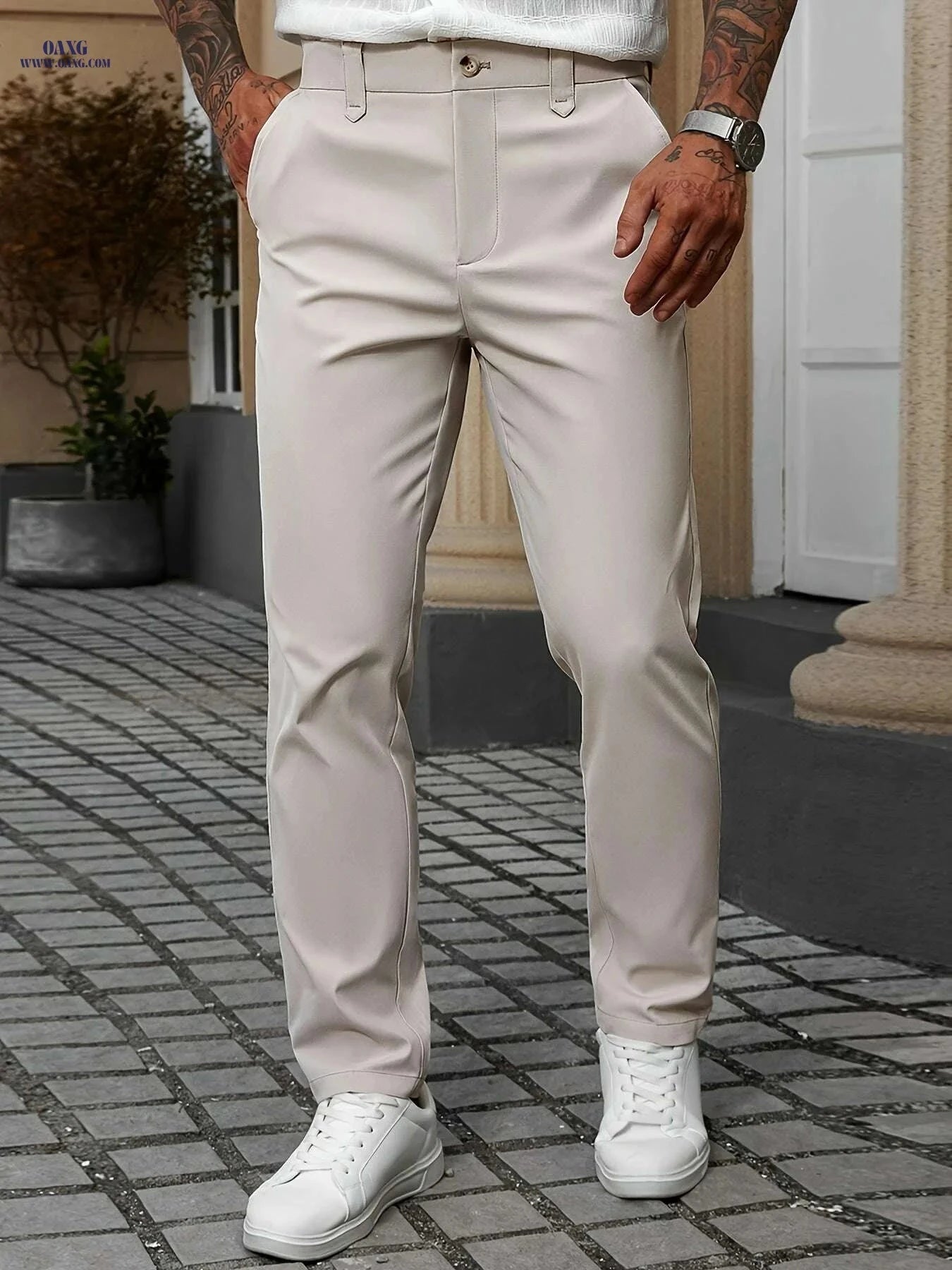 Men's Light Beige Dress Pants - Regular Fit, Non-Stretch Casual Style   OAXG Apricot / S
