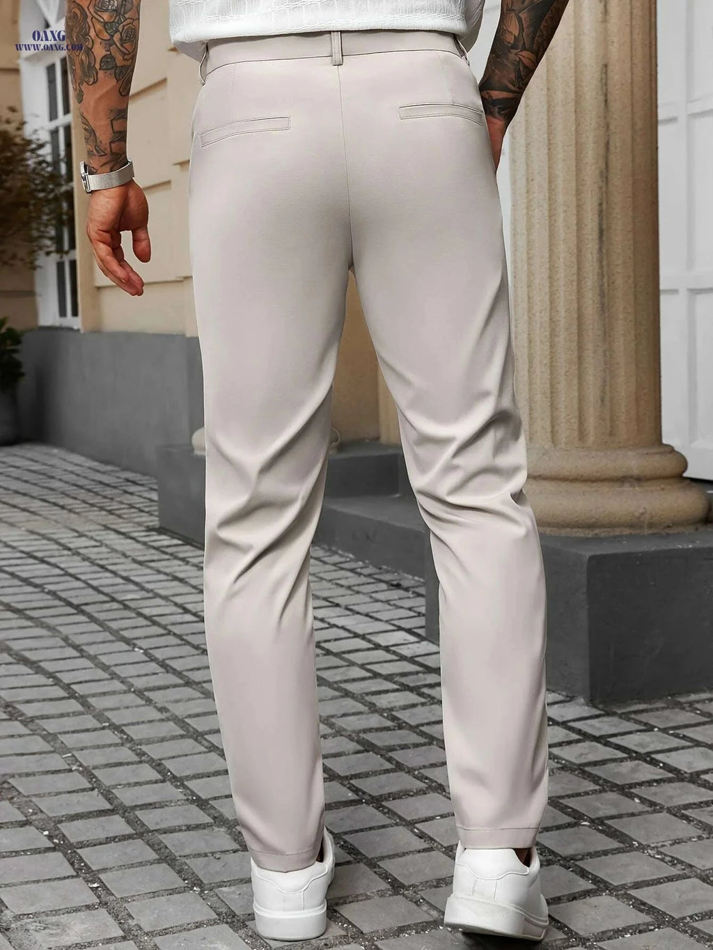 Men's Light Beige Dress Pants - Regular Fit, Non-Stretch Casual Style   OAXG 