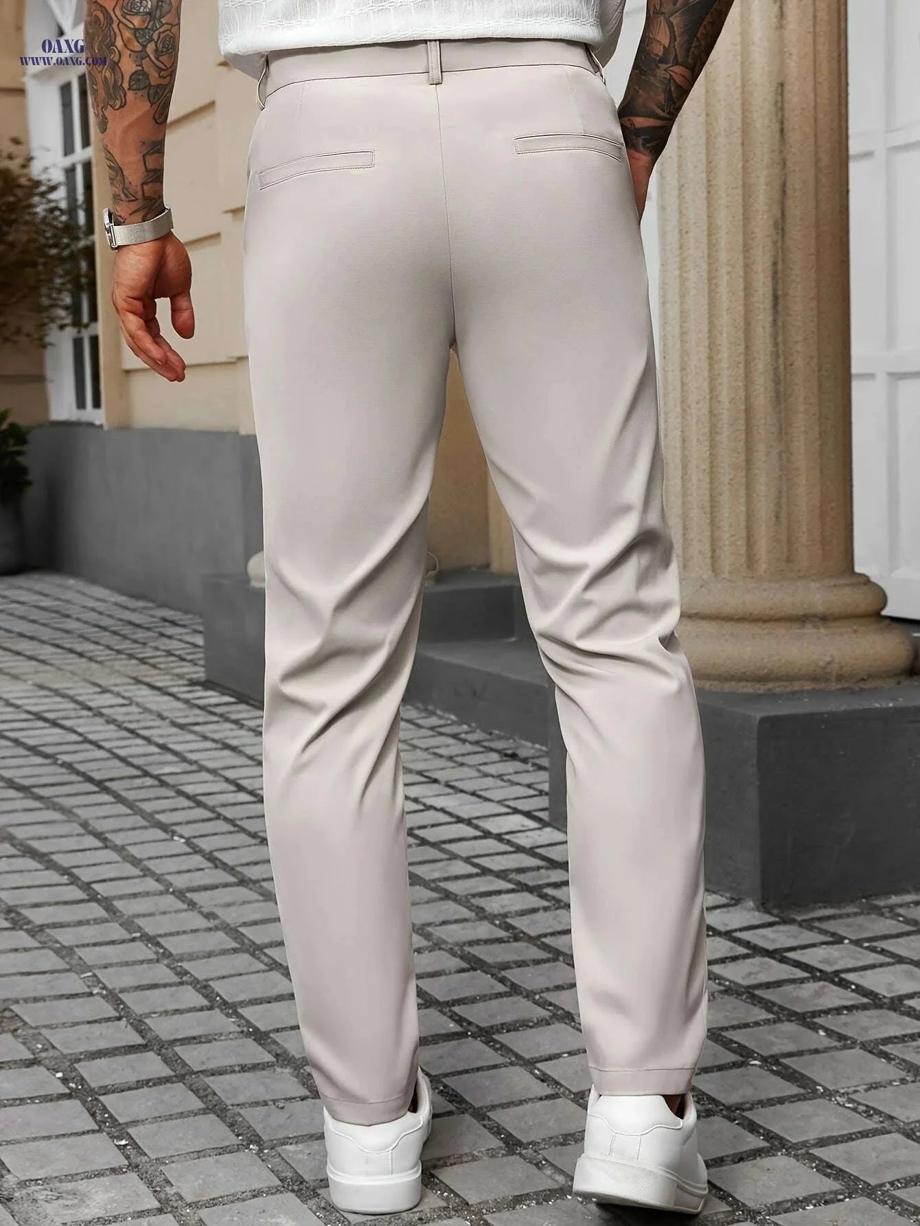 Men's Light Beige Dress Pants - Regular Fit, Non-Stretch Casual Style   OAXG 