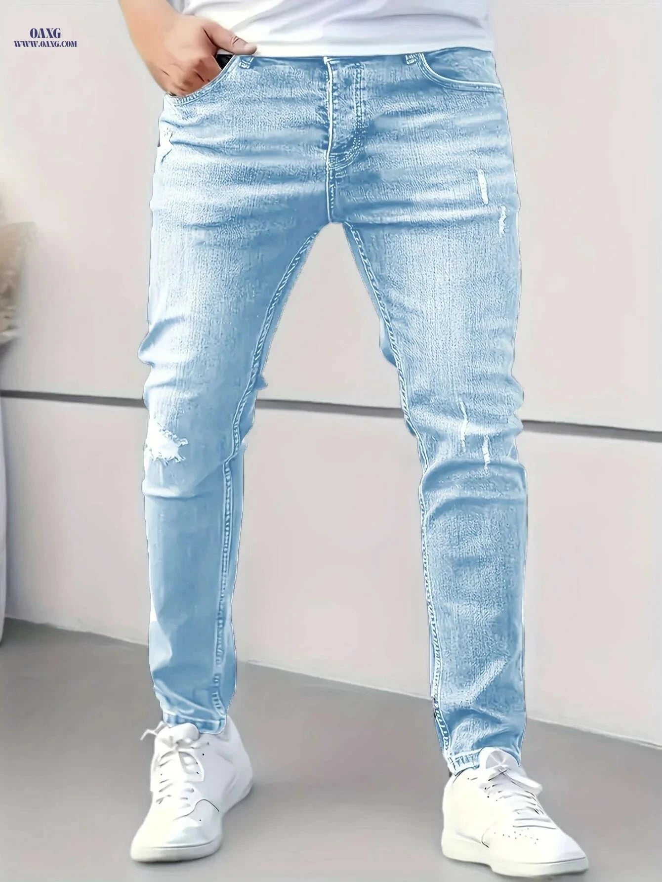 Men's Light Blue Distressed Skinny Jeans - Comfortable All-Season Fit   OAXG 