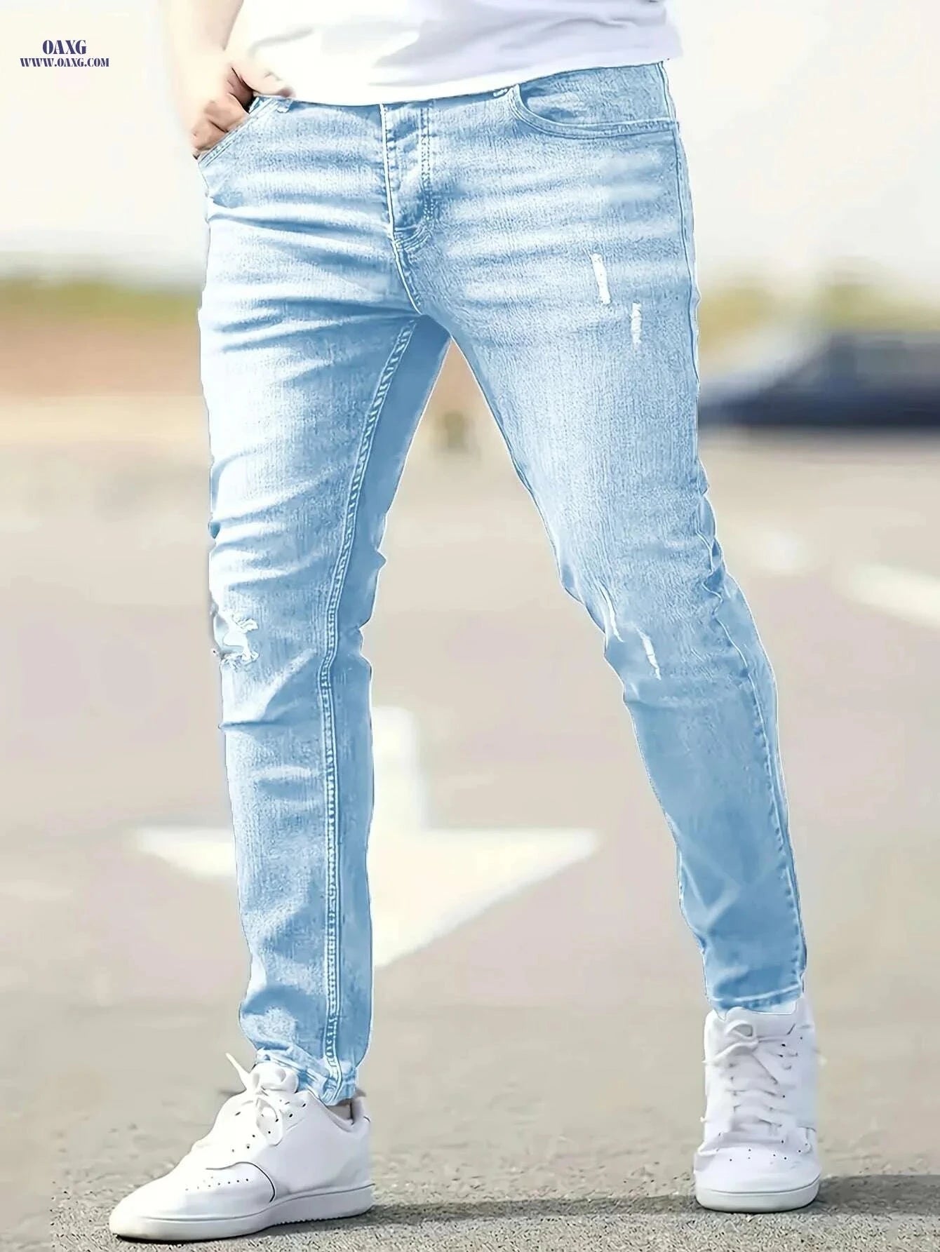 Men's Light Blue Distressed Skinny Jeans - Comfortable All-Season Fit   OAXG Sky Blue / XS