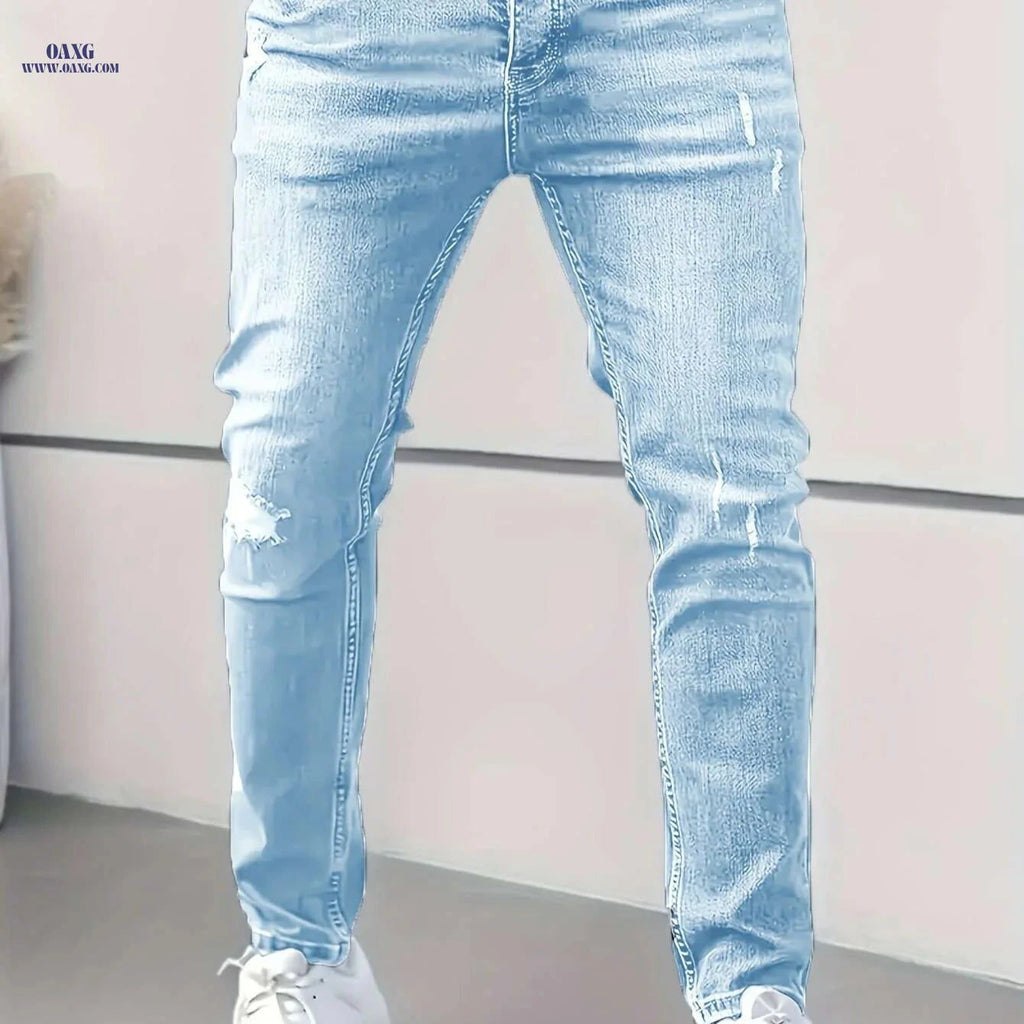 Men's Light Blue Distressed Skinny Jeans - Comfortable All-Season Fit   OAXG Sky Blue / XS