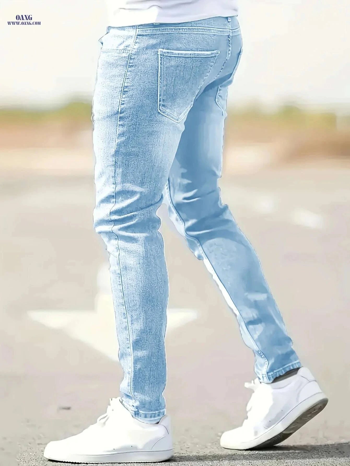 Men's Light Blue Distressed Skinny Jeans - Comfortable All-Season Fit   OAXG Sky Blue / XS