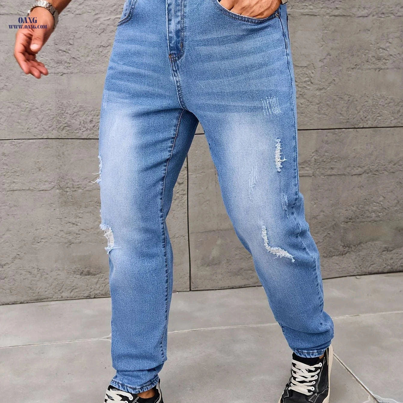 Men's Light Blue Distressed Skinny Jeans - Regular Length, Medium Stretch   OAXG 