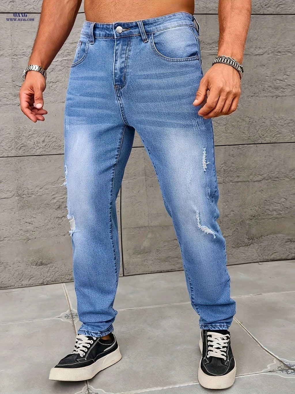 Men's Light Blue Distressed Skinny Jeans - Regular Length, Medium Stretch   OAXG 