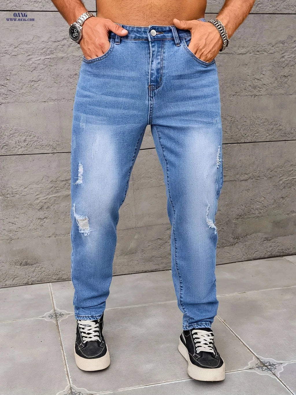 Men's Light Blue Distressed Skinny Jeans - Regular Length, Medium Stretch   OAXG 