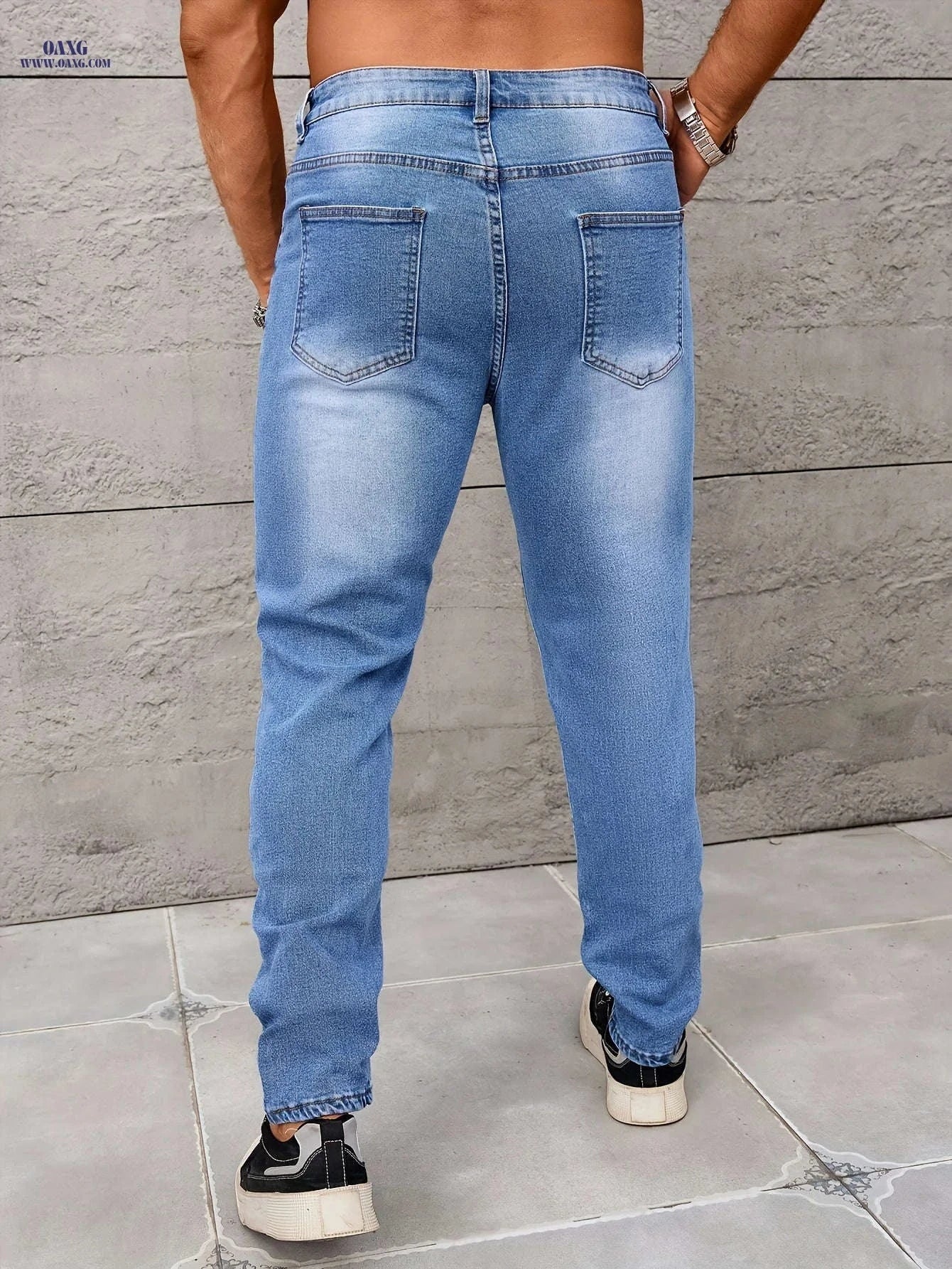 Men's Light Blue Distressed Skinny Jeans - Regular Length, Medium Stretch   OAXG 