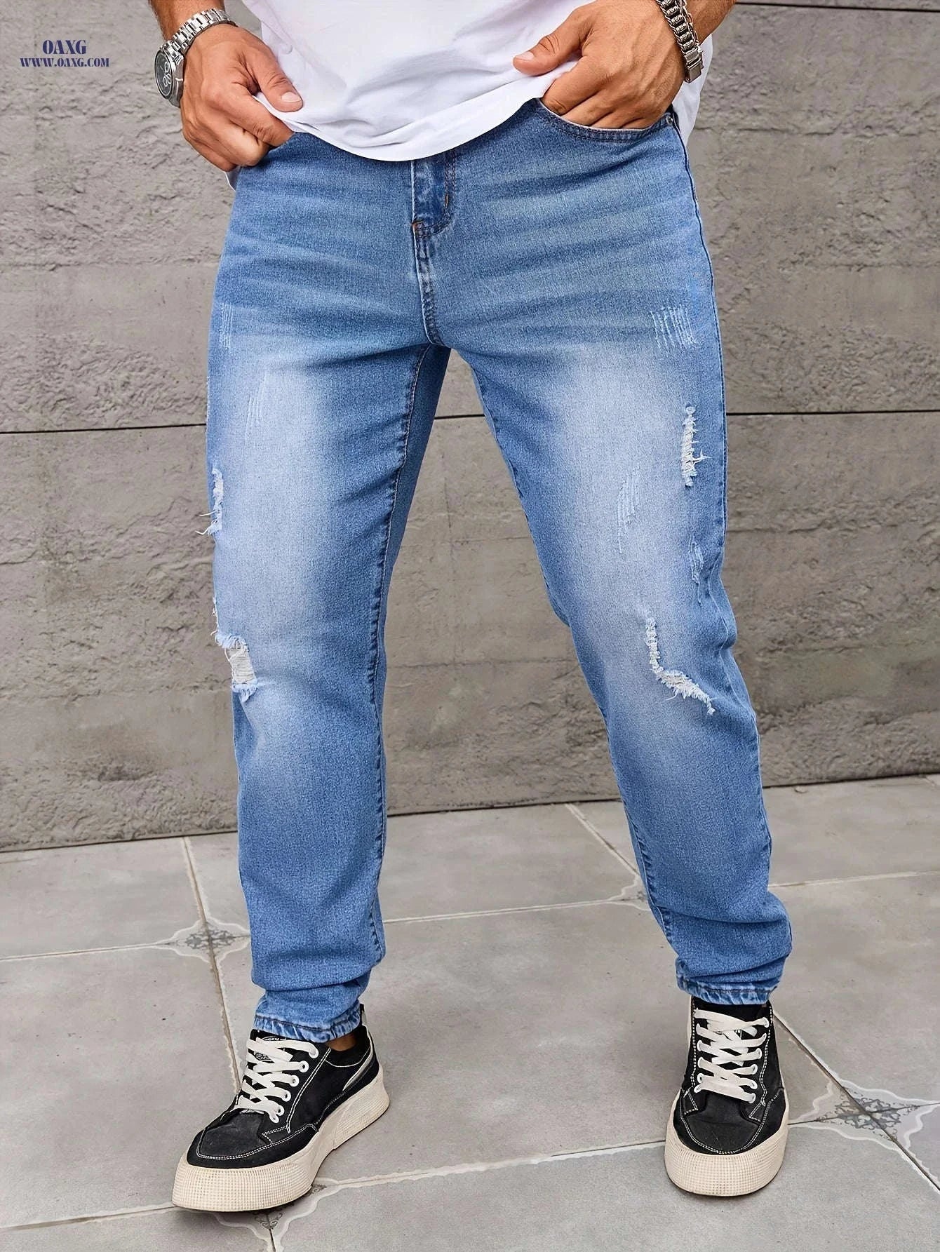 Men's Light Blue Distressed Skinny Jeans - Regular Length, Medium Stretch   OAXG Sky Blue / FR XS