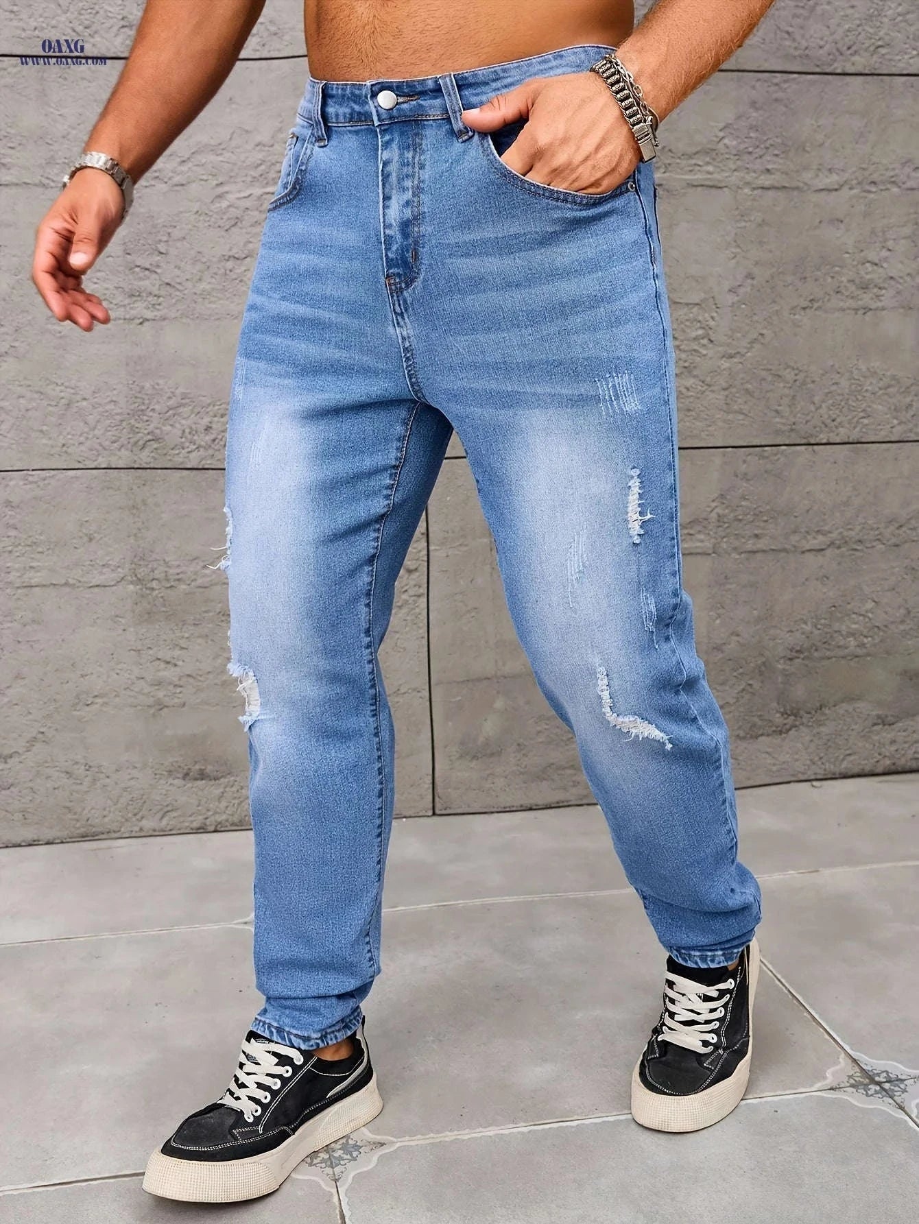 Men's Light Blue Distressed Skinny Jeans - Regular Length, Medium Stretch   OAXG 