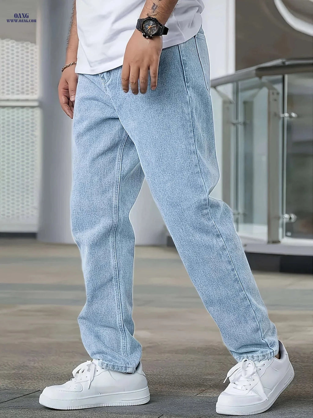 Men's Light Blue Stretch Jeans - Four-Season Casual Fit, Solid Color   OAXG 
