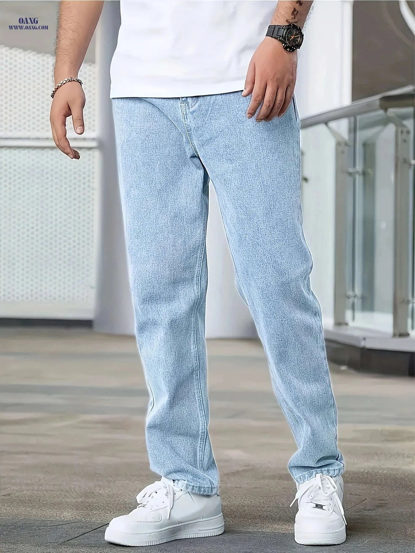 Men's Light Blue Stretch Jeans - Four-Season Casual Fit, Solid Color   OAXG 