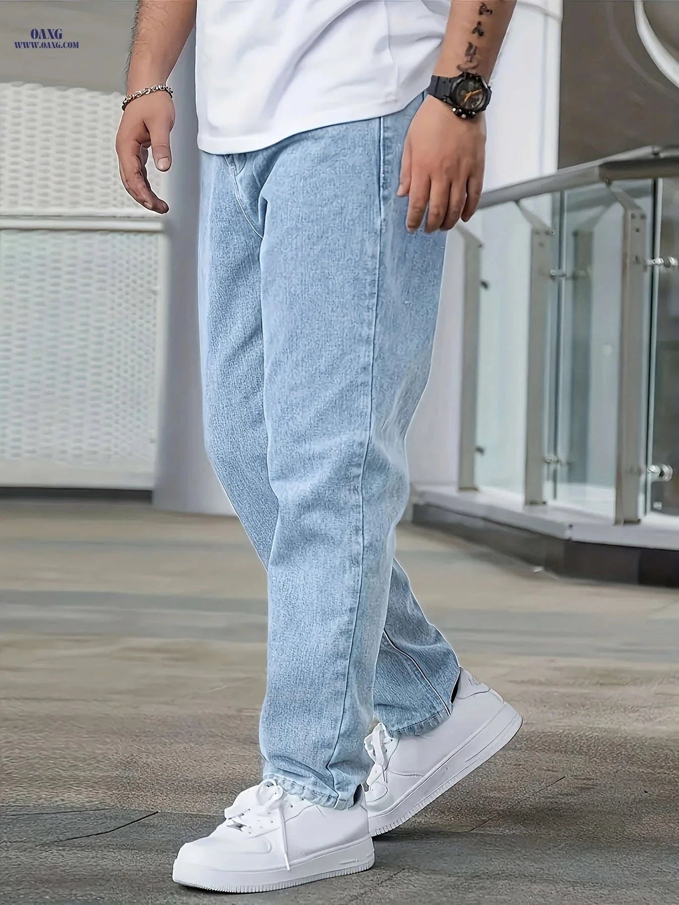 Men's Light Blue Stretch Jeans - Four-Season Casual Fit, Solid Color   OAXG 