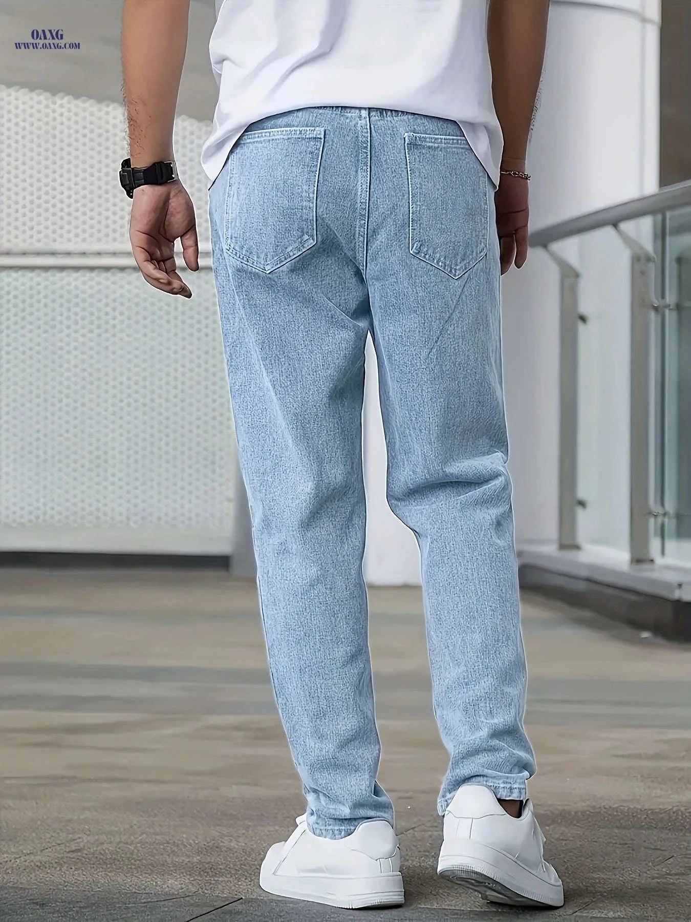 Men's Light Blue Stretch Jeans - Four-Season Casual Fit, Solid Color   OAXG 
