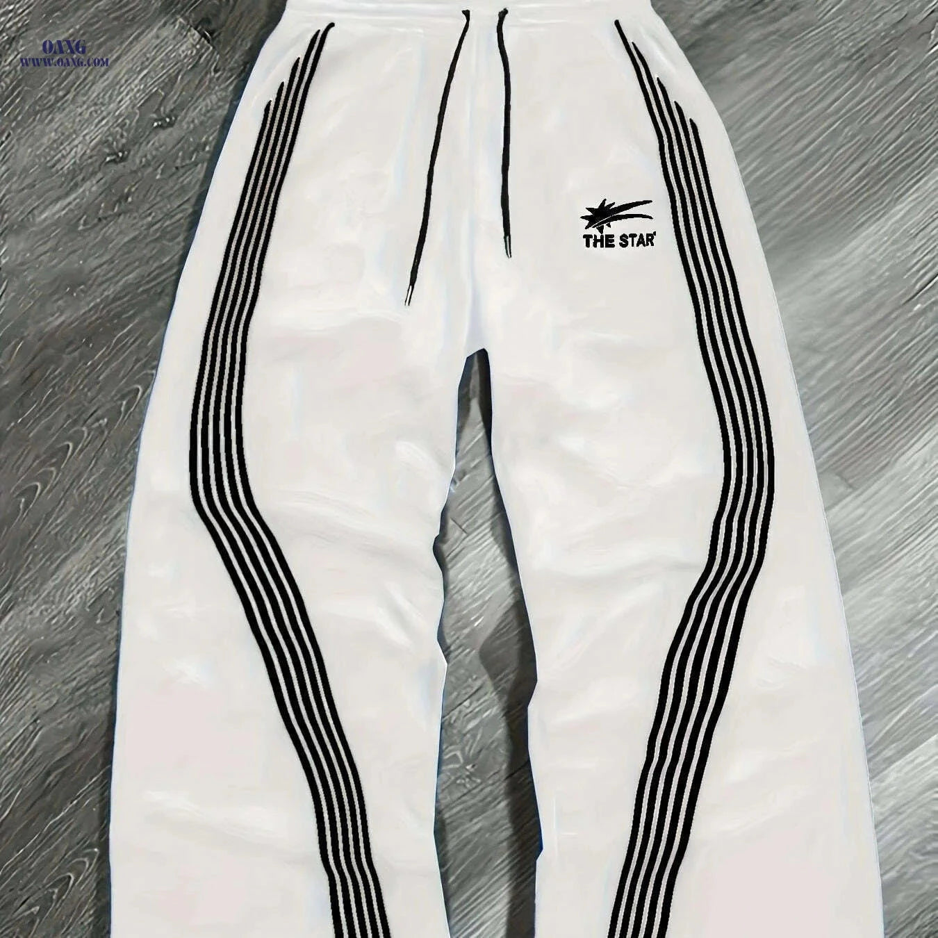 Men's Light Gray Athletic Pants - Loose Fit, Striped Sides, Pockets   OAXG 