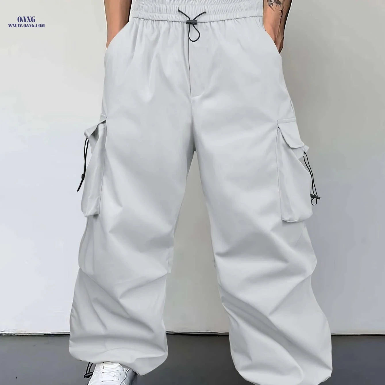 Men's Light Grey Casual Pants - Loose Fit, Cuffed Ankle Comfort   OAXG 